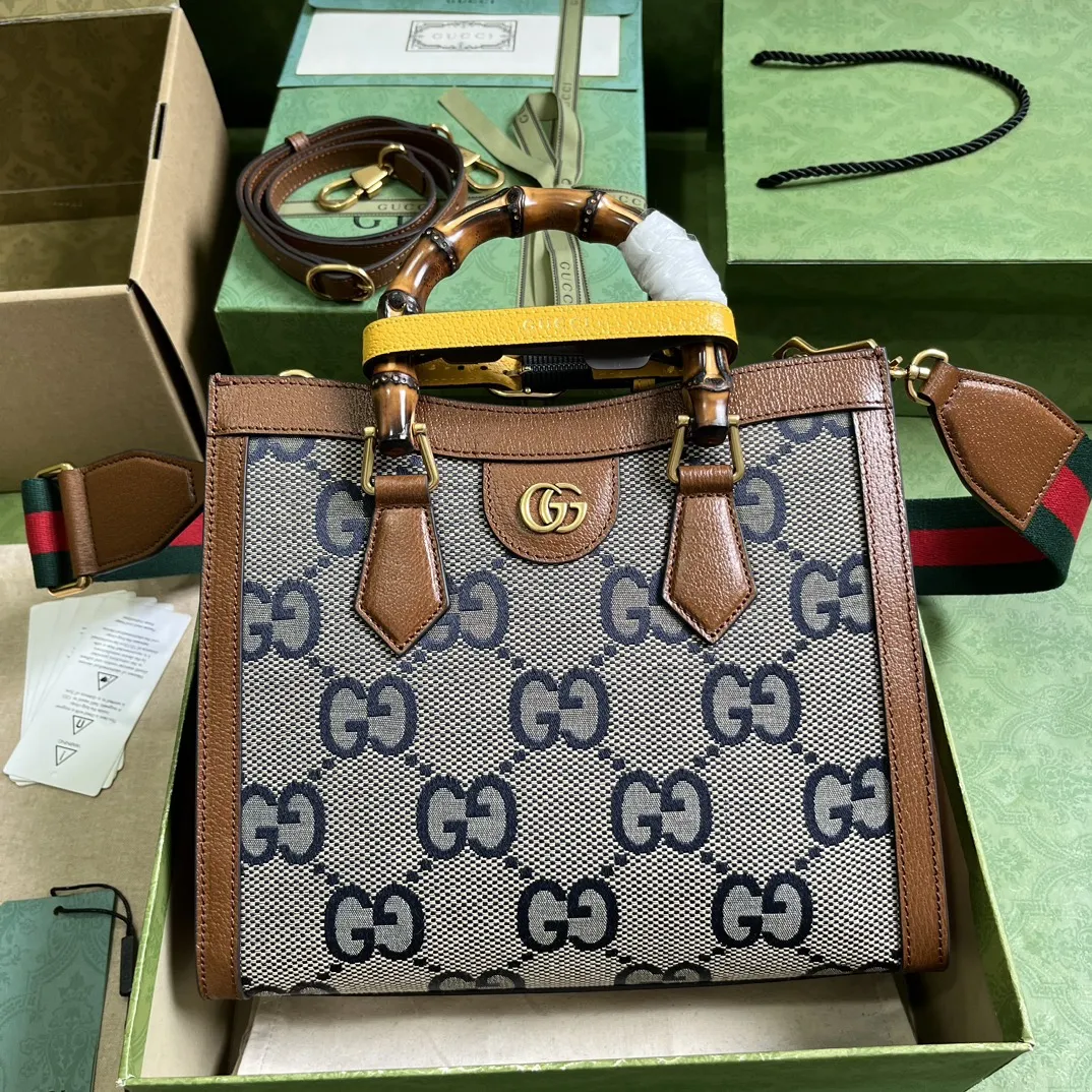 Gucci アリア竹節中号ハンドバッグブラウン/シアン