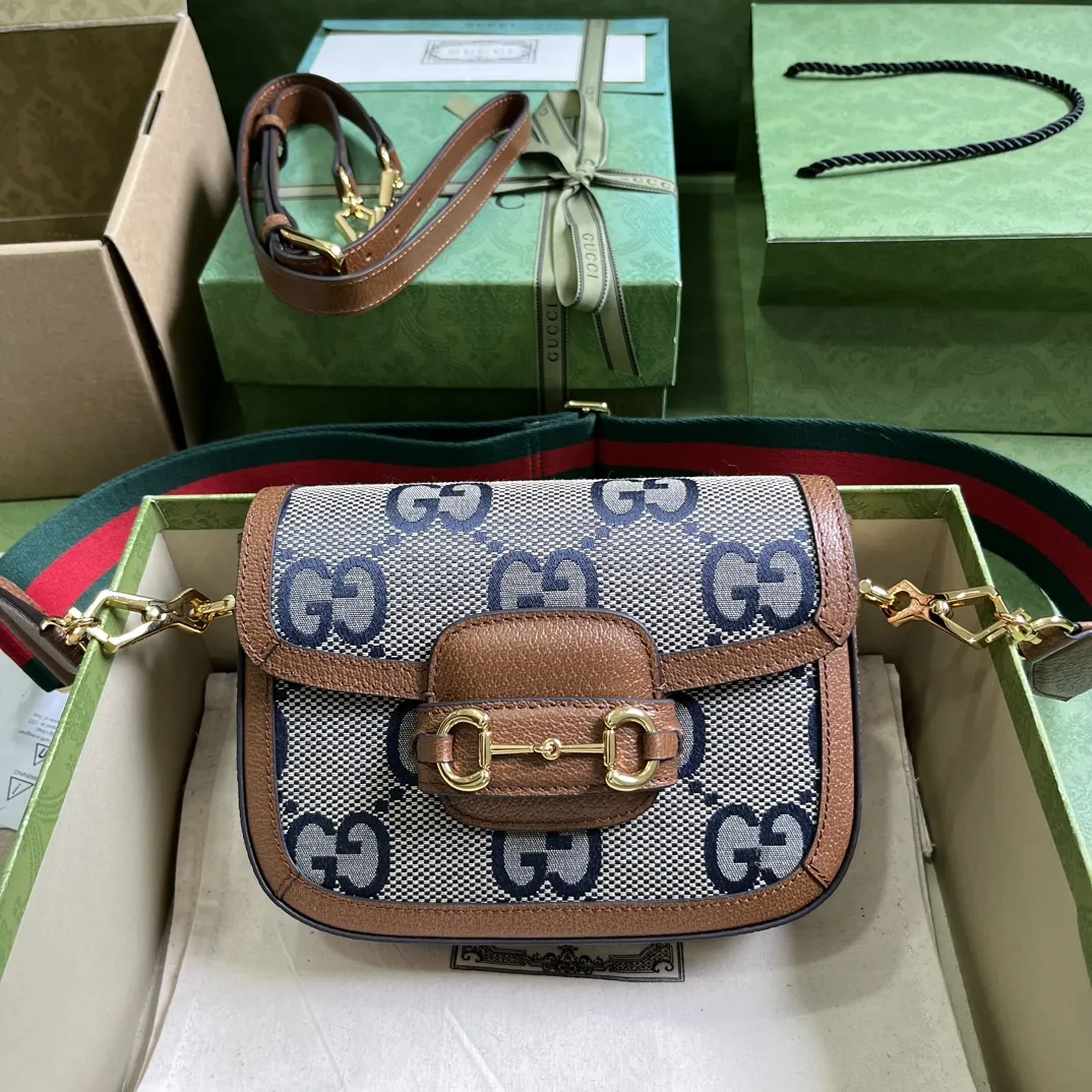 Gucci AriaトランペットハンドバッグブルーGキャンバスブラウンレザー