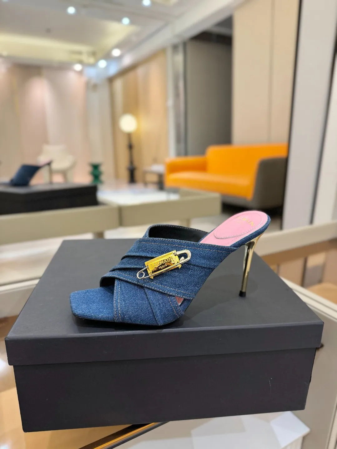 Balmain ブルーデニムハイヒールスリッパ