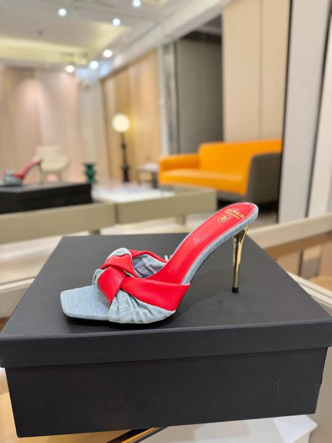 Balmain レッドリボンハイヒールのスリッパ ブルー