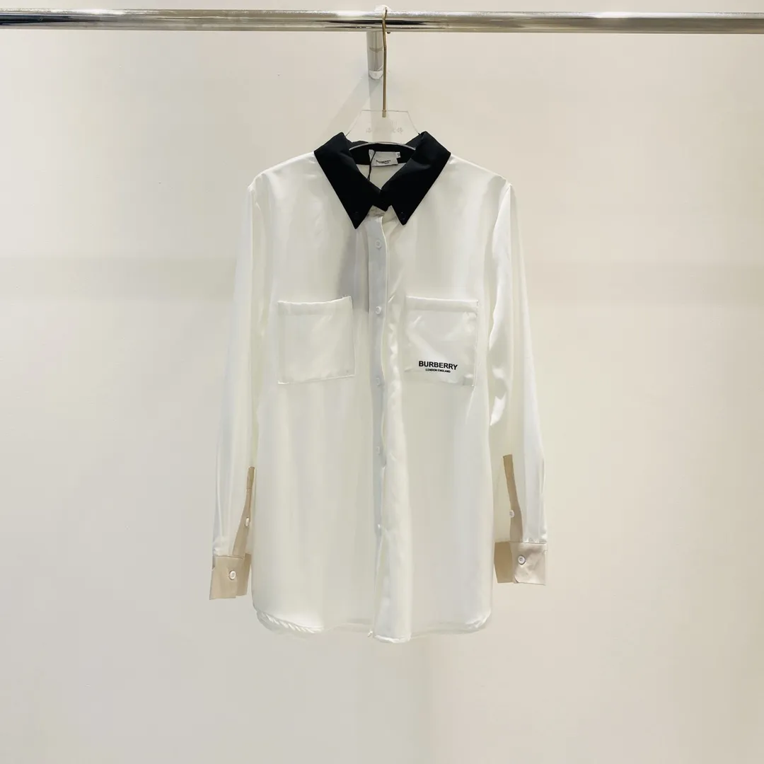 Burberry新作ベージュ黒スプライシングシルクシャツ