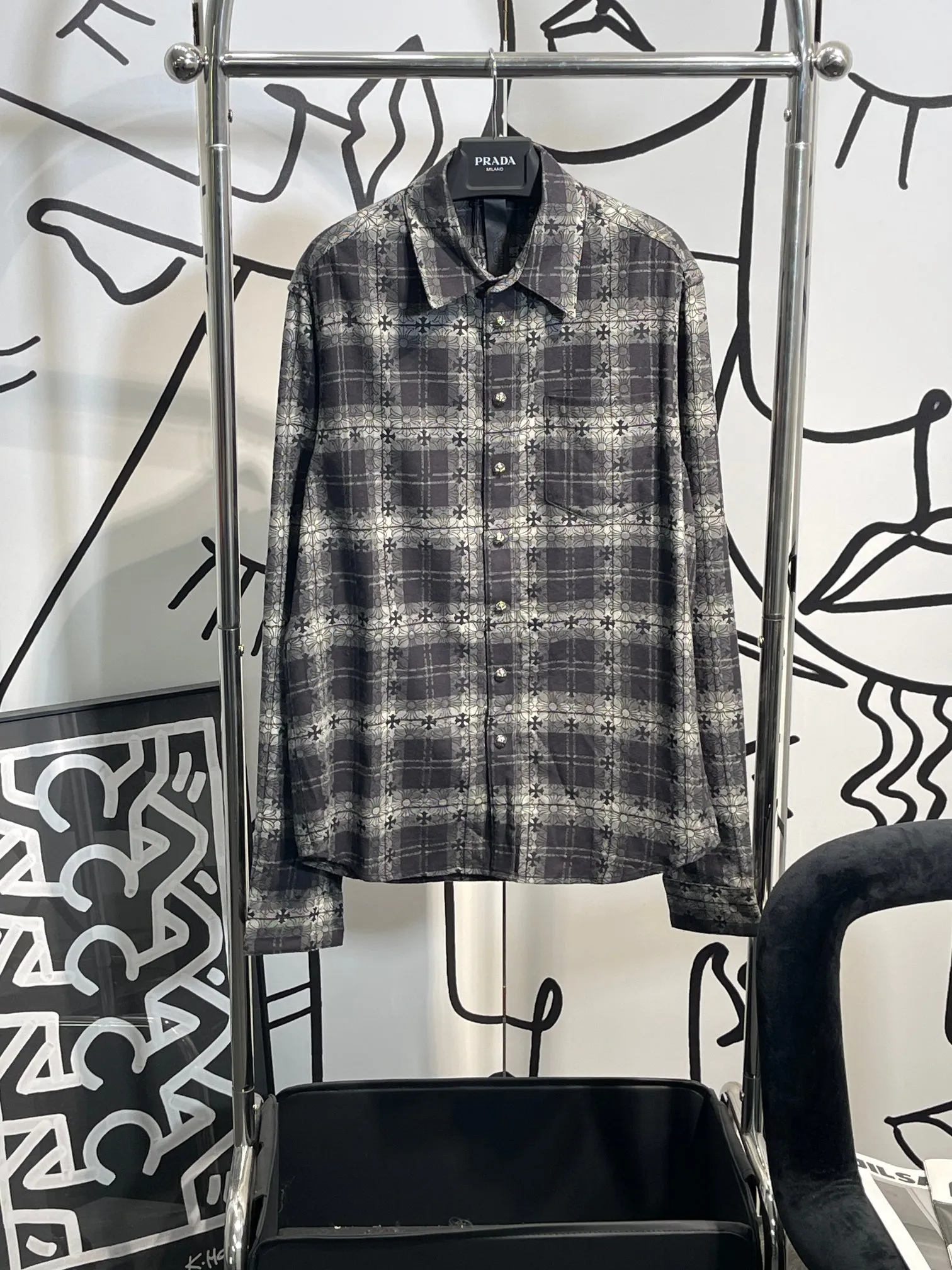 CHクロスハート十字花青チェック柄シャツ