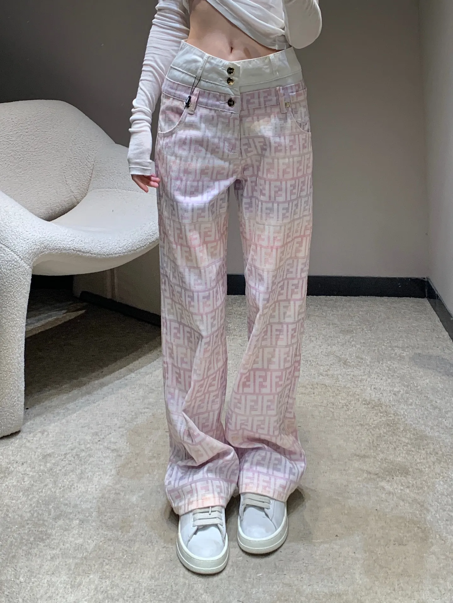 Fendi 25Ss春夏ピンク色字母提花直筒パンツ