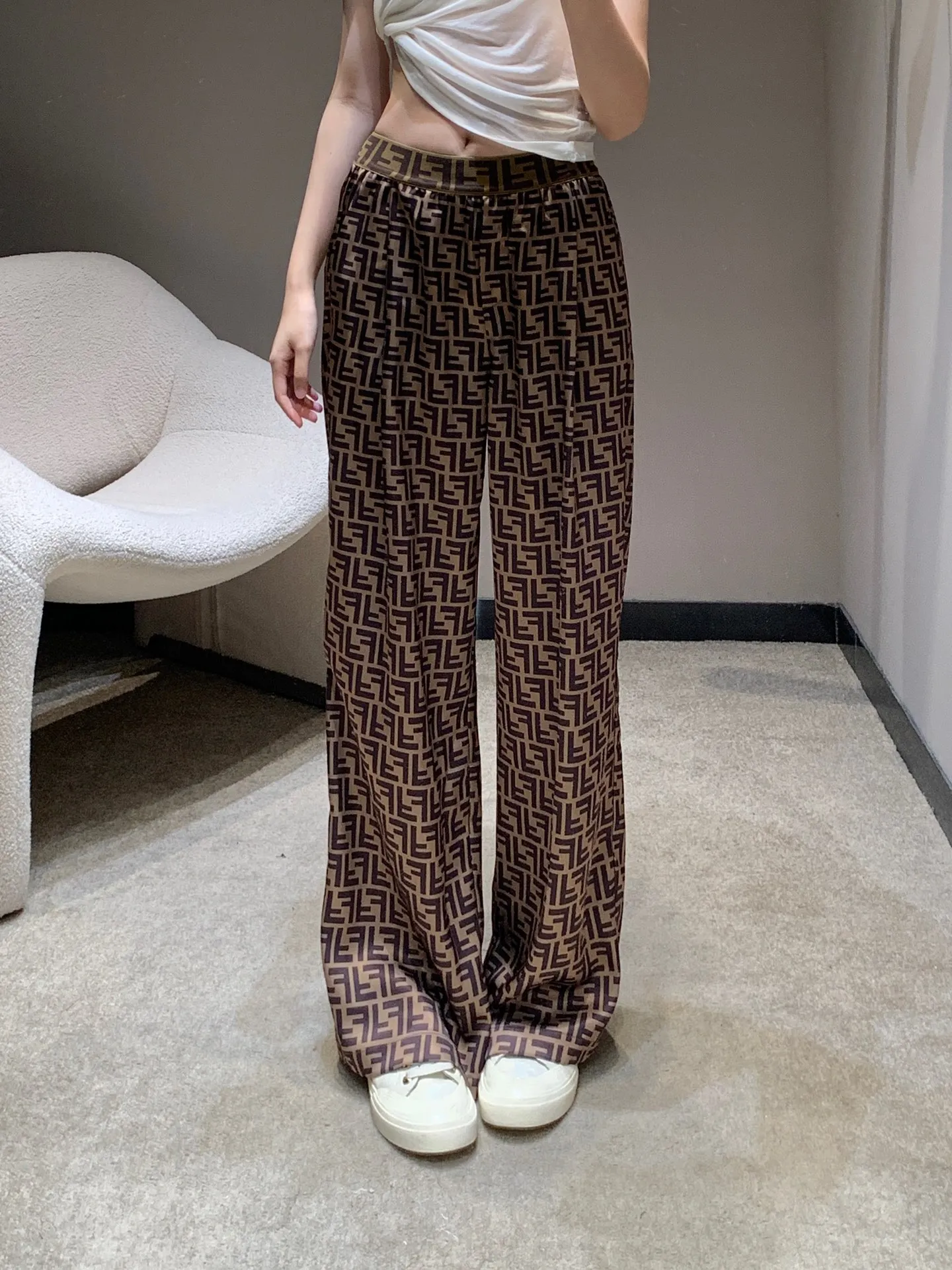 Fendi 25Ss ブラウン織帯ワイドパンツ