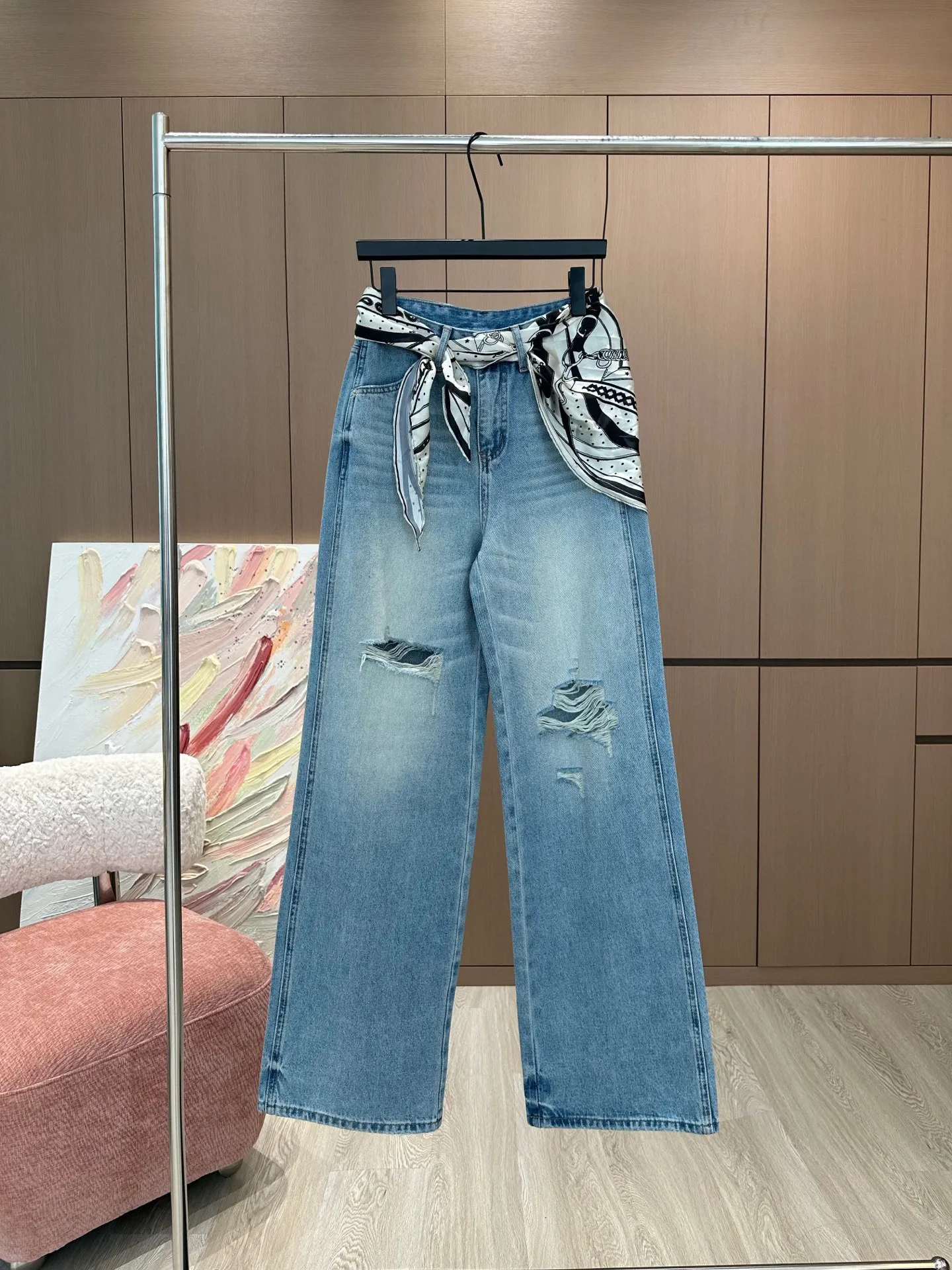 Hermes 白・青 リボン装飾デニムパンツ