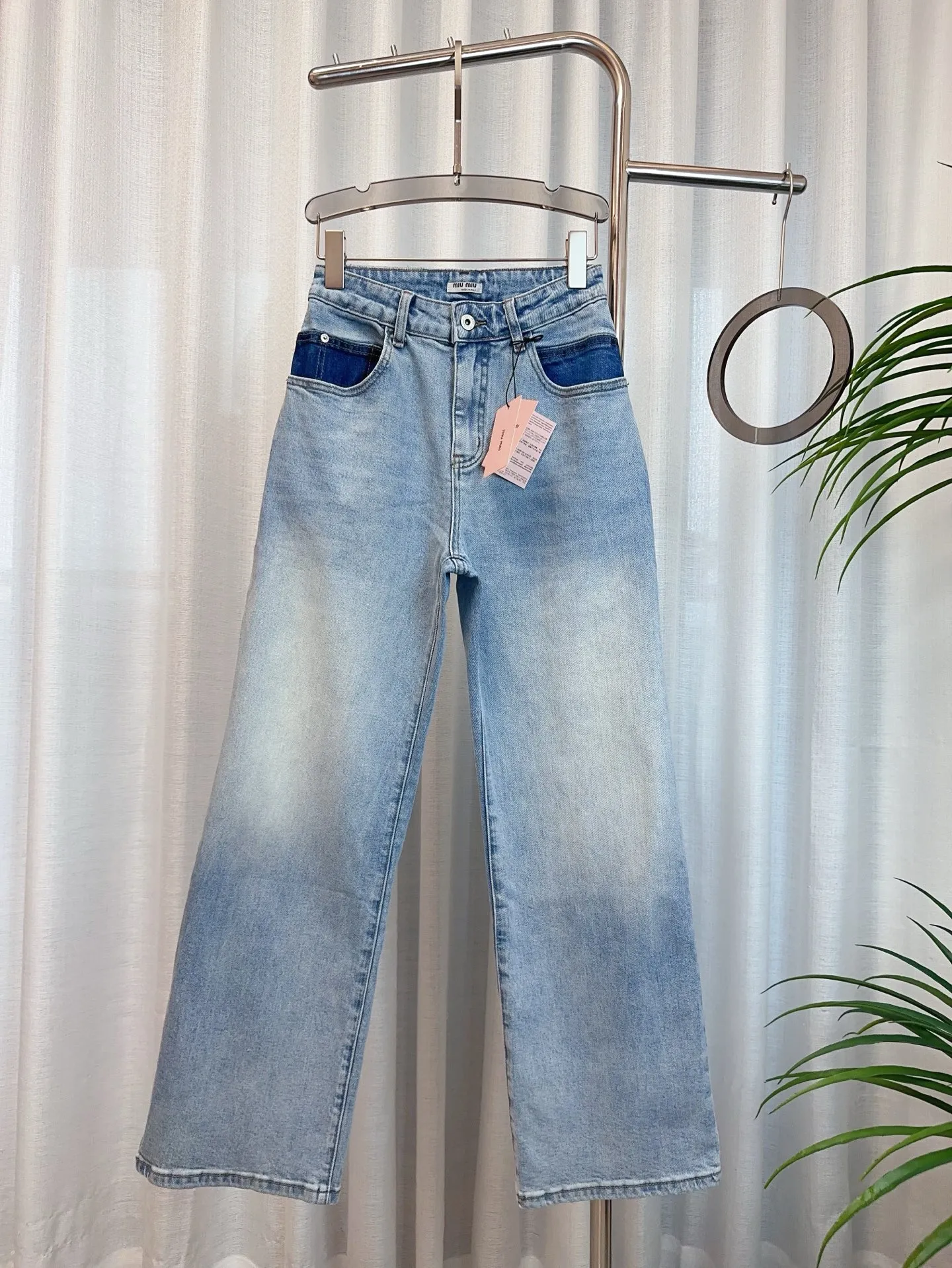MIUMIUポケットインパクトカラーデニムストレートワイドブルー