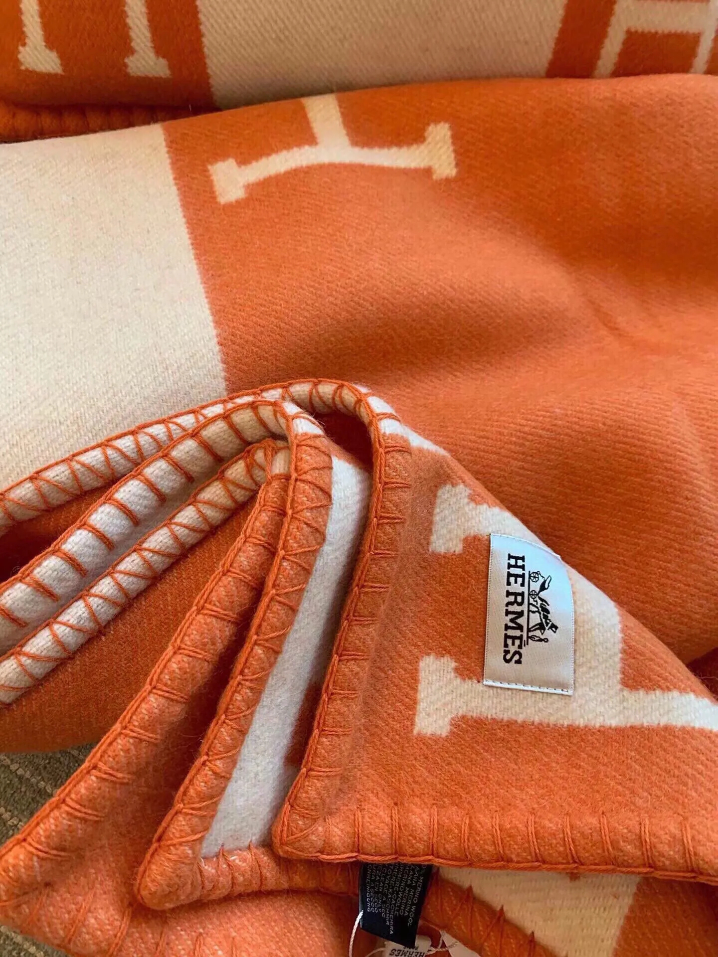 Hermès オレンジ ダブルカラーの羊毛 blanket - 画像 (8)