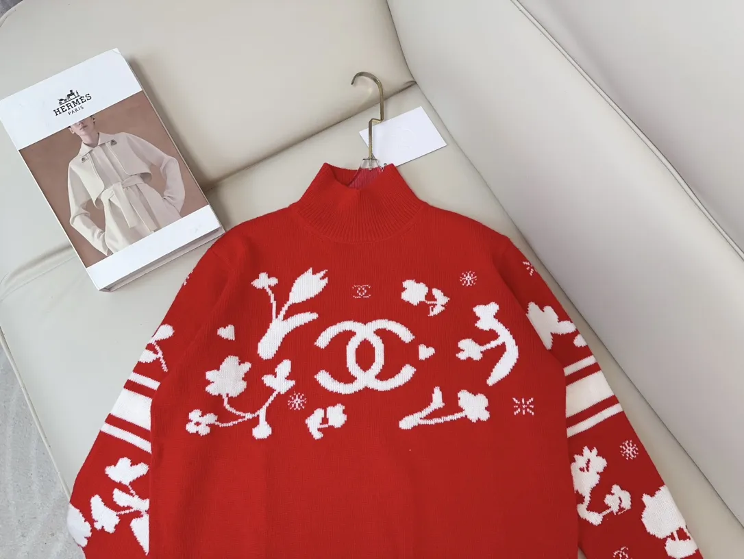 CHANEL新款滑雪花卉ロゴセーター赤色スタイル - 画像 (4)