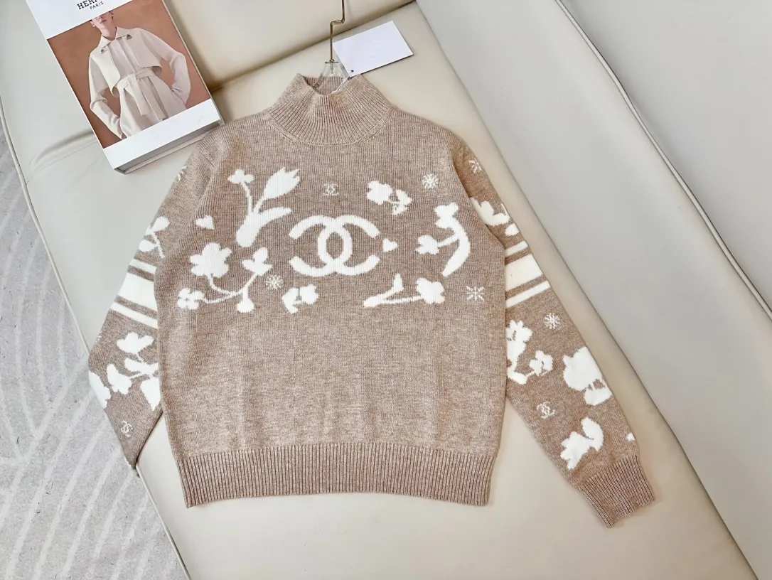 シャネル新作スキーフラワーロゴセーターカーキカラー