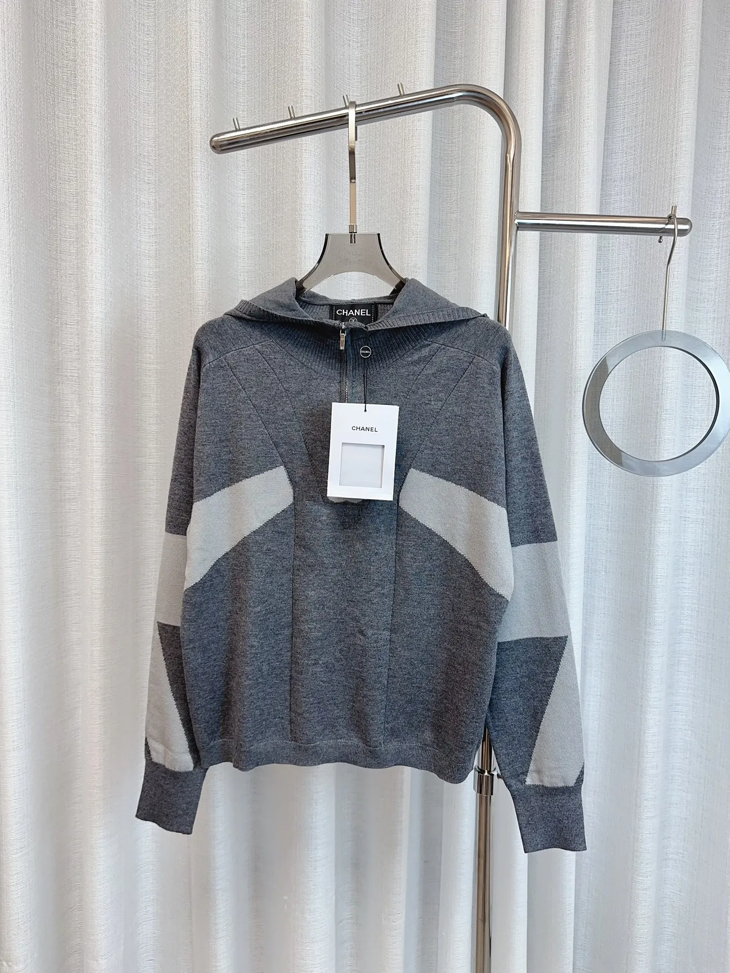 CHANELグレー拼接デザイン パーカー