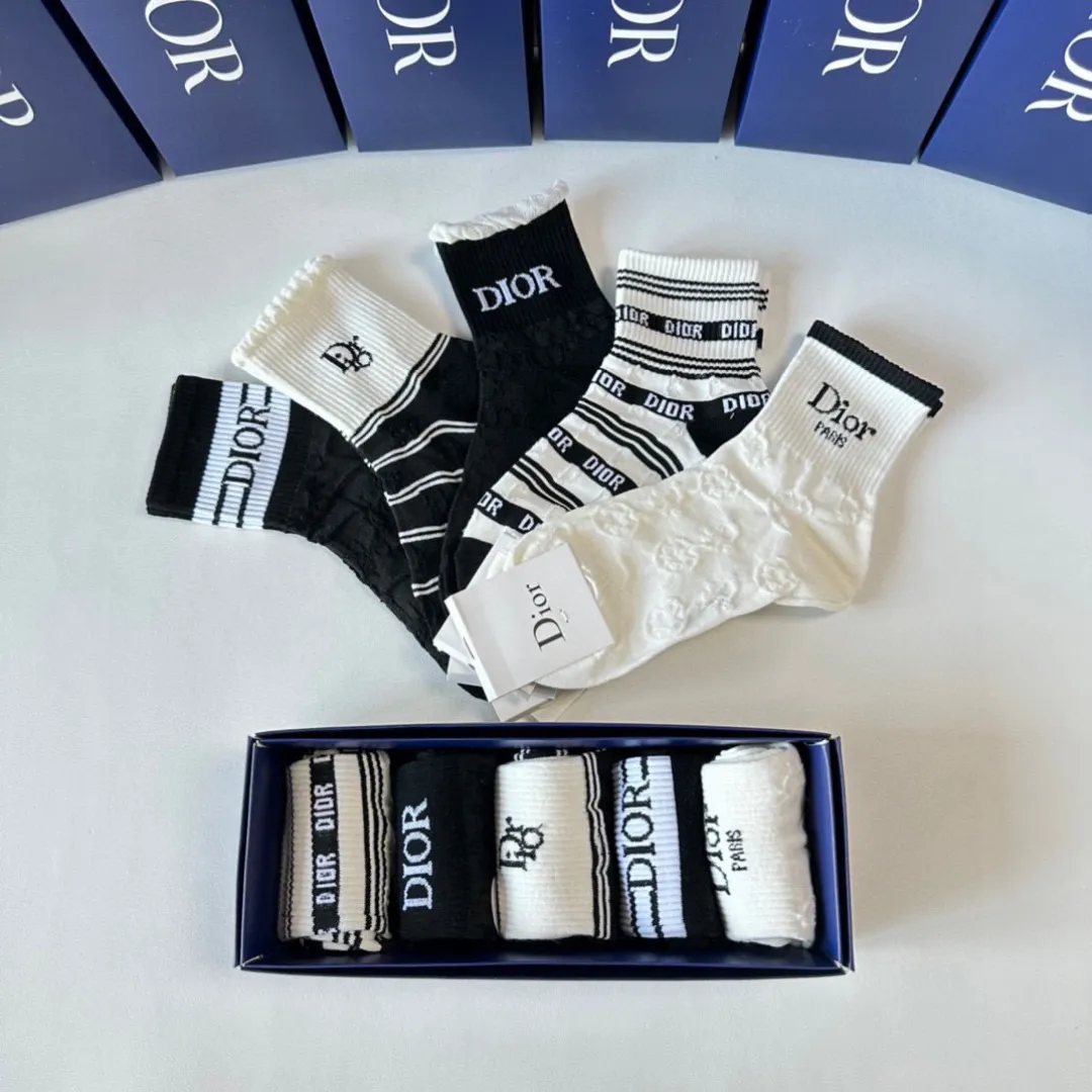 DIOR中長丈ソックス5足セット黒白ストライプ - 画像 (8)