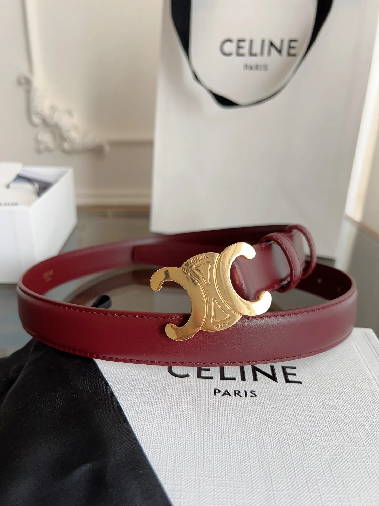 CELINE 酒赤色 ベルト凱旋門デザイン