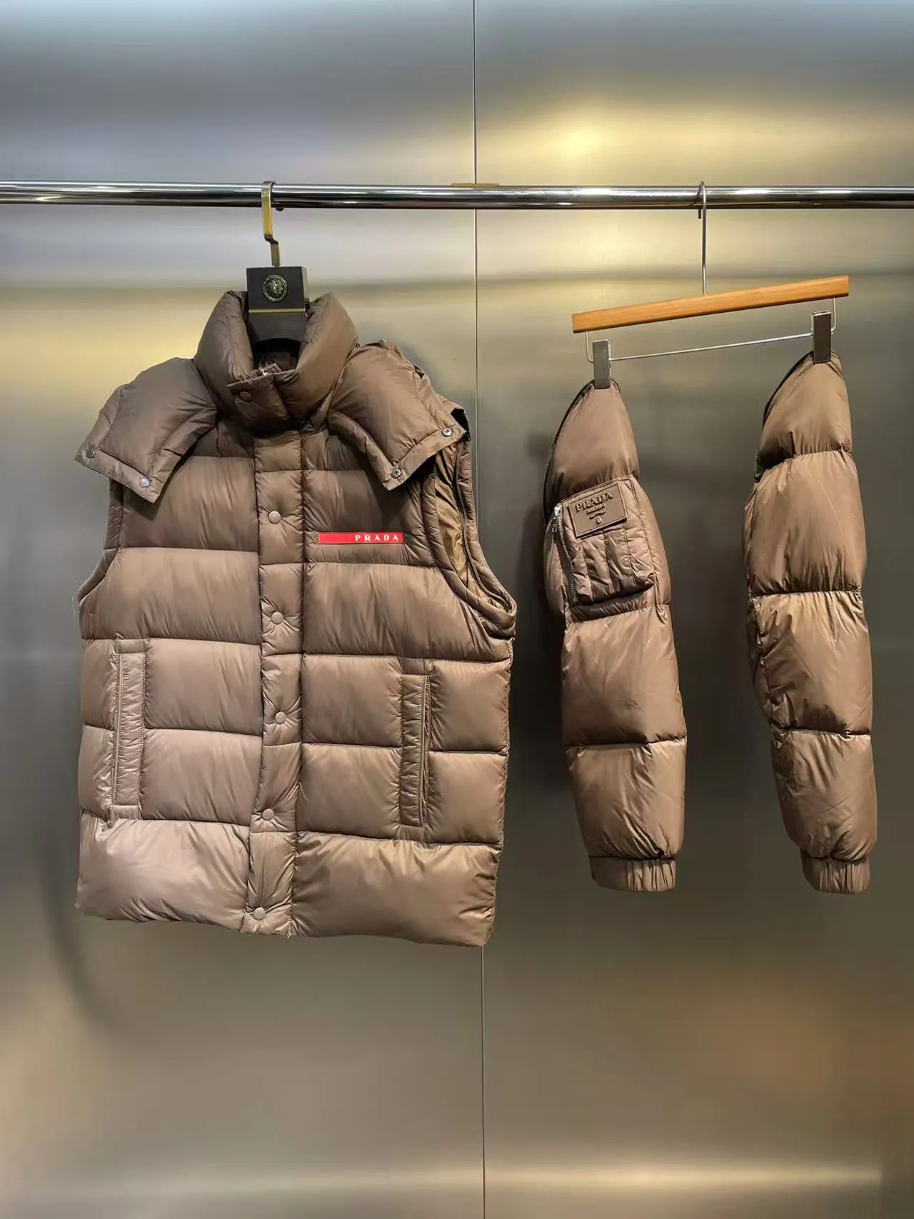 Prada Down Jacket Taupe Hooded Style - Image 7