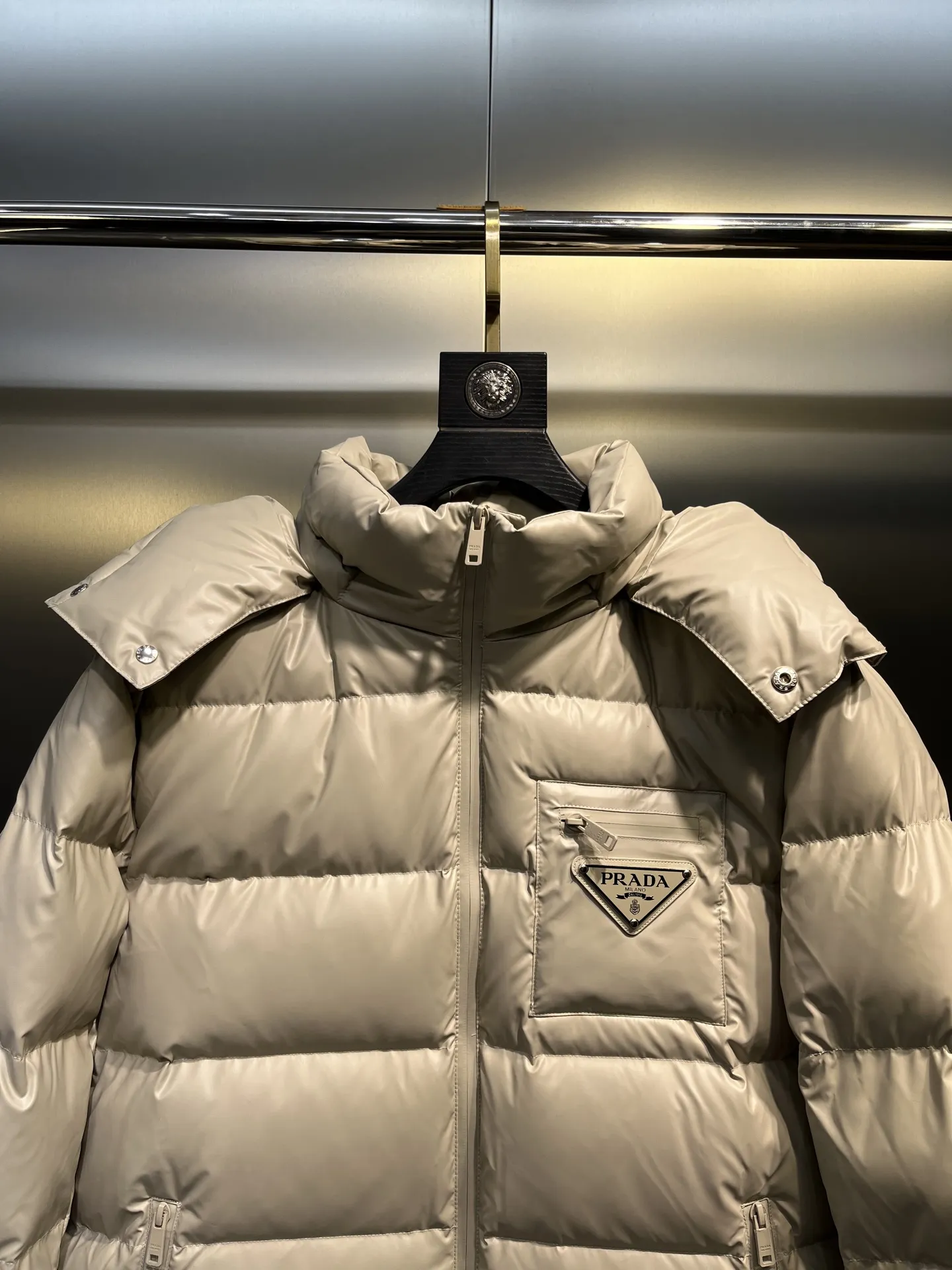 Prada Minimalist Down Jacket Beige Hooded - Image 4
