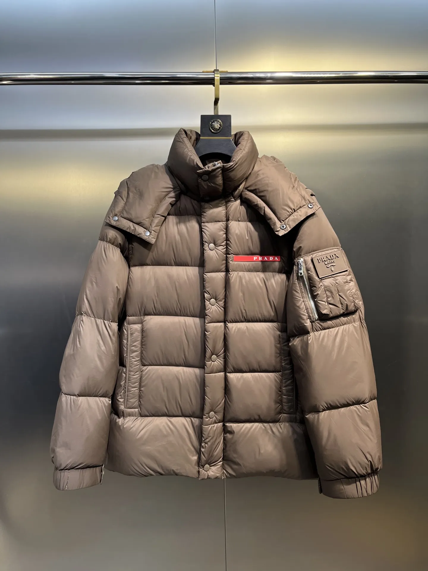 Prada Down Jacket Taupe Hooded Style