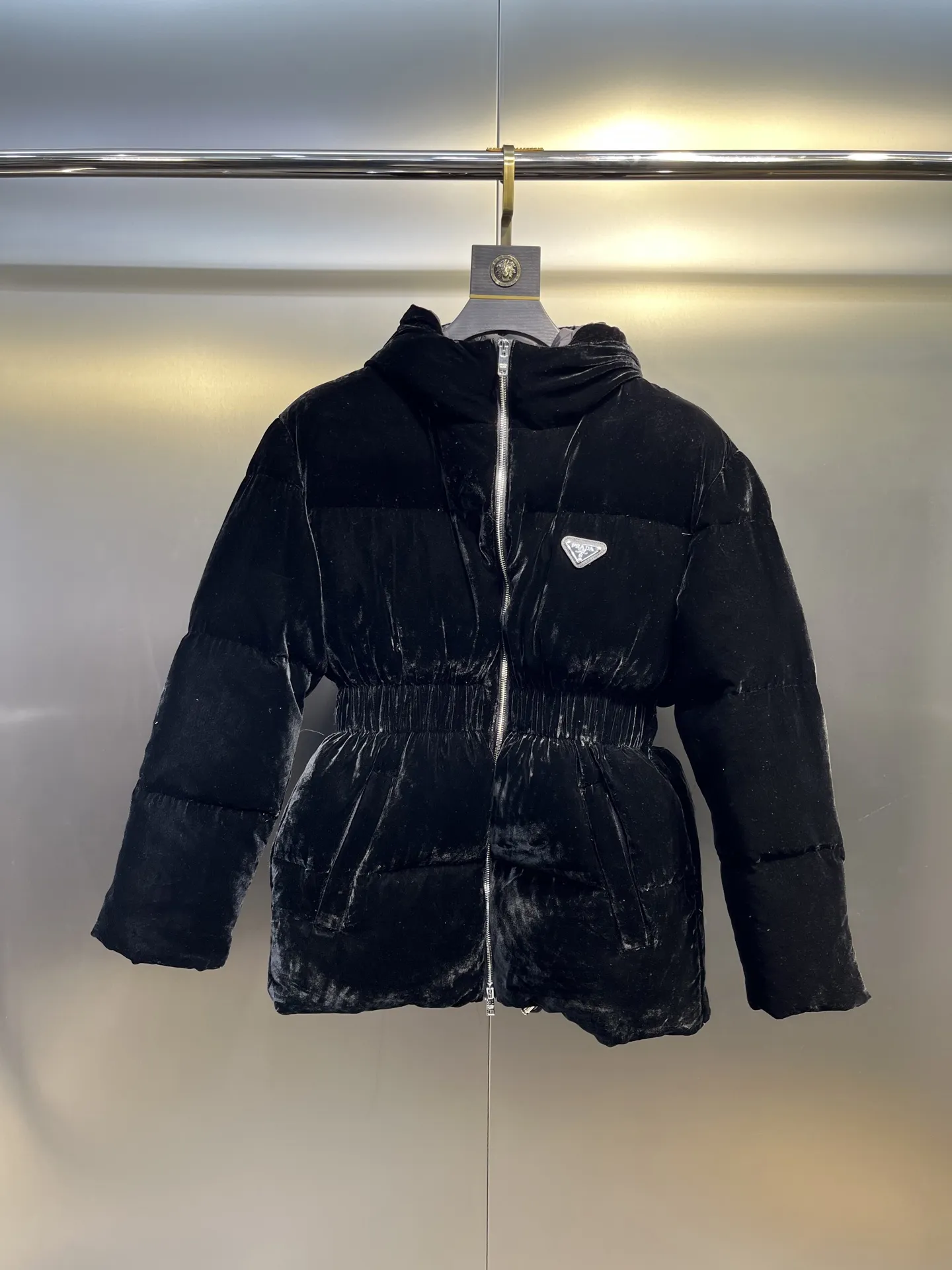 Prada Velvet Down Jacket Black Hooded
