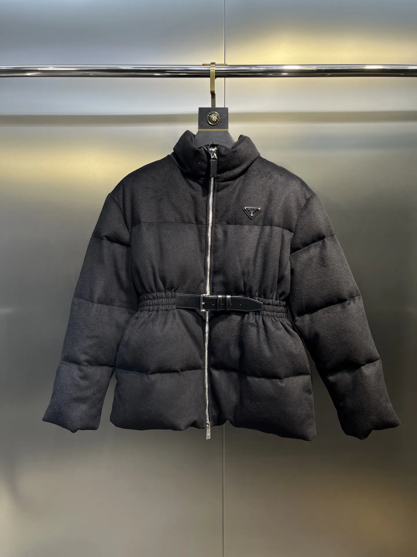 Prada Long Waist Down Jacket Black Quilted