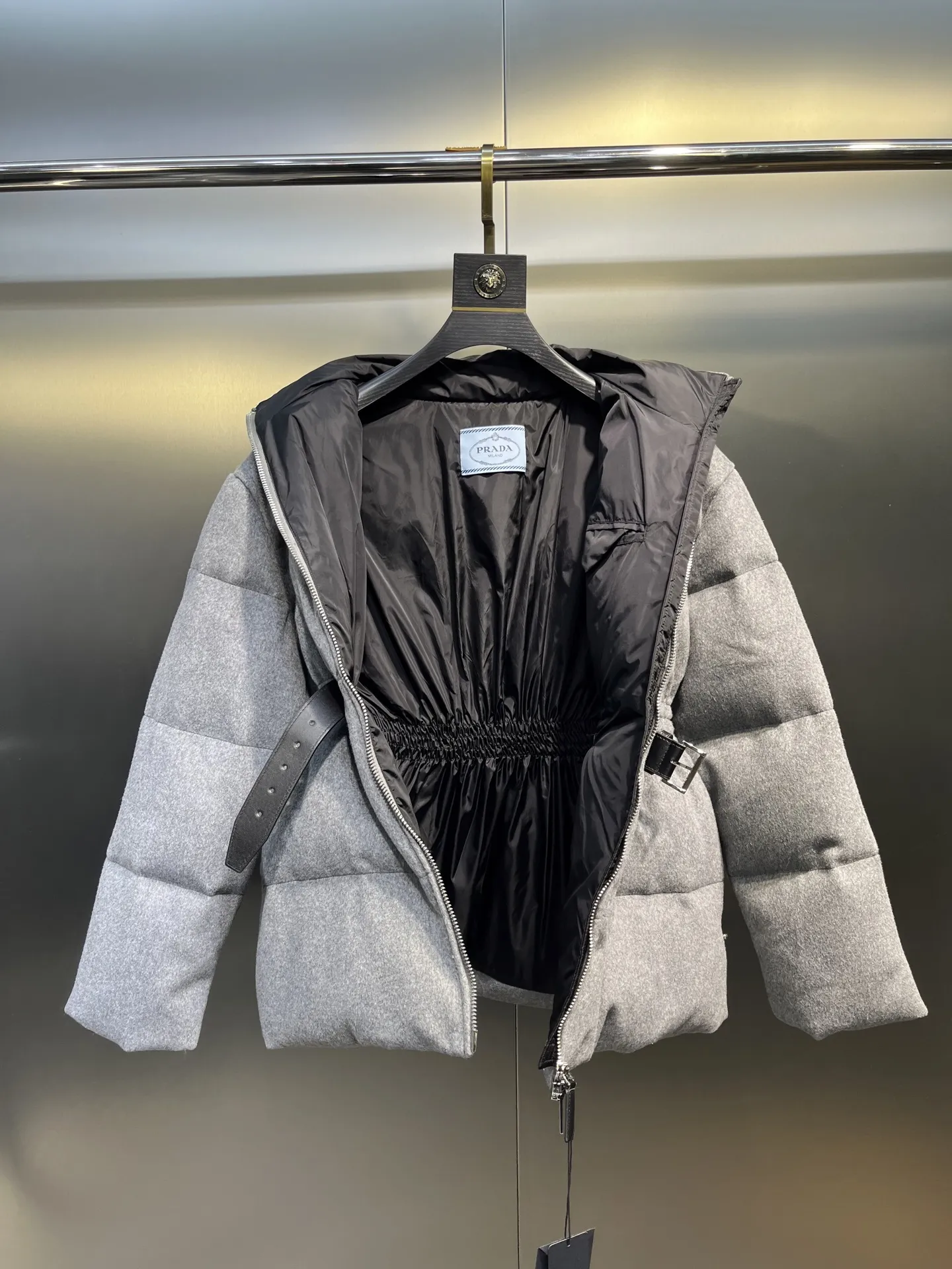 Prada Down Jacket Grey Stand Collar Style - Image 7