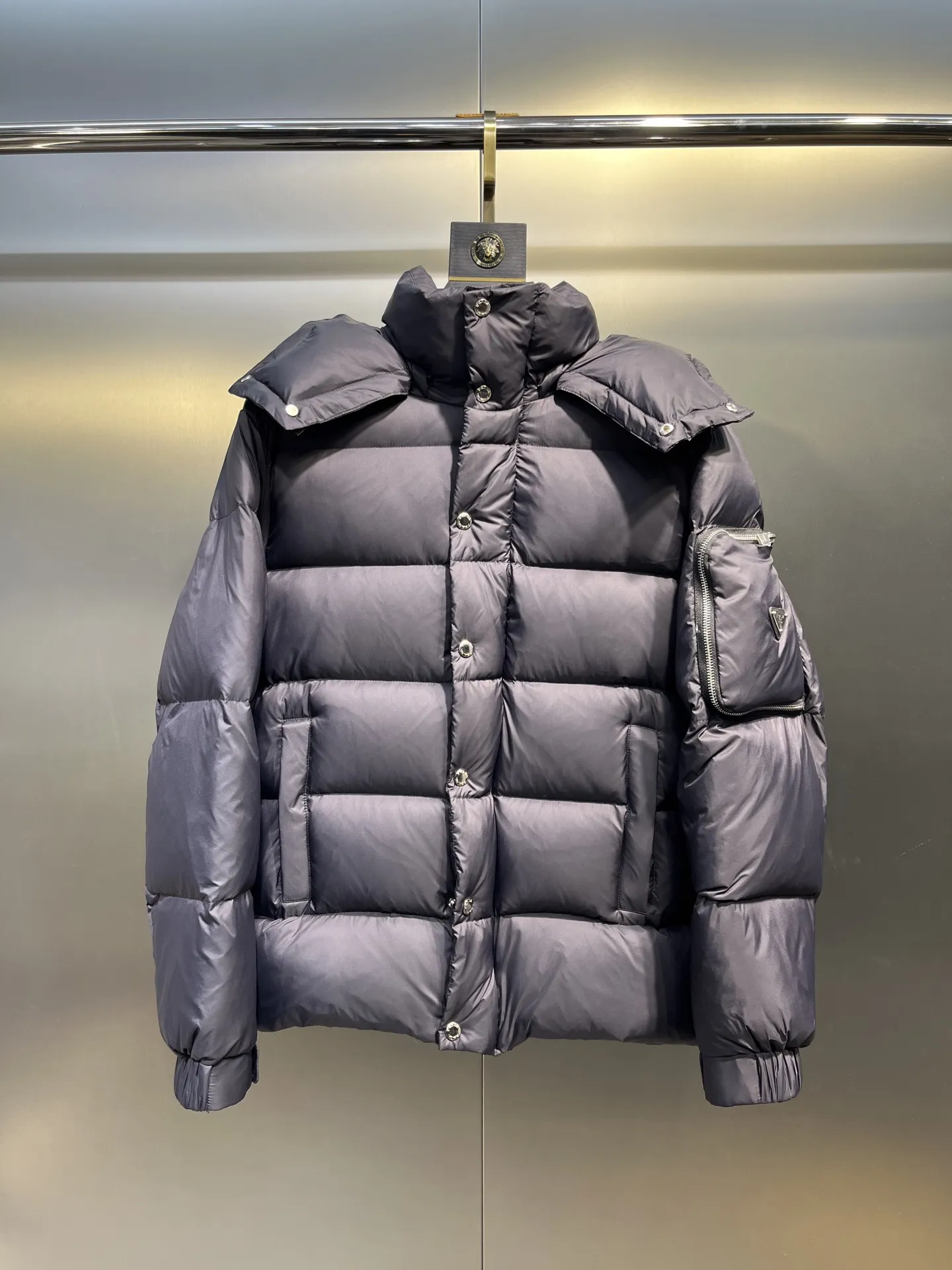 Prada Down Jacket Grey Hooded Style