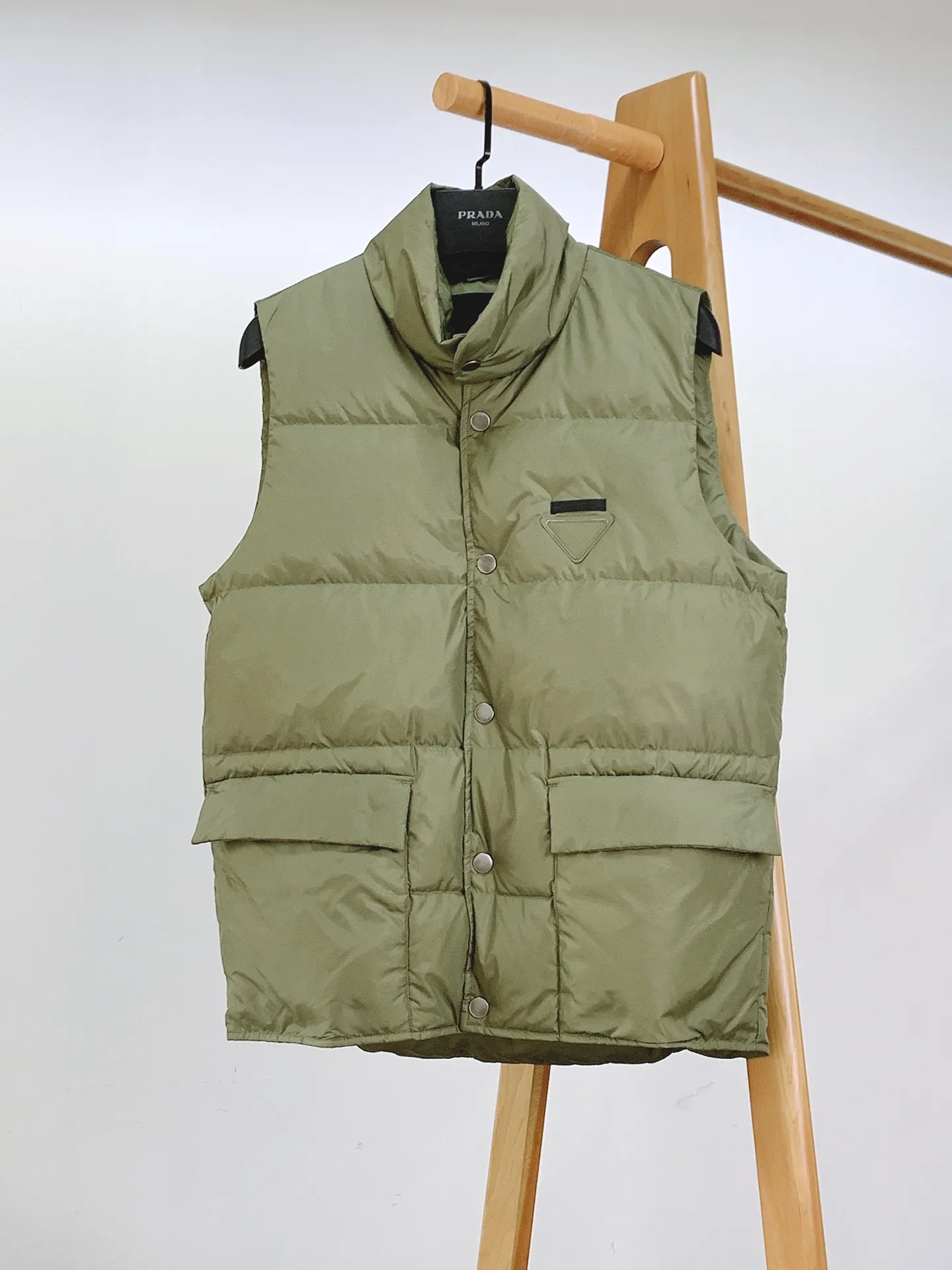 Prada Down Vest Olive Green Stand Collar