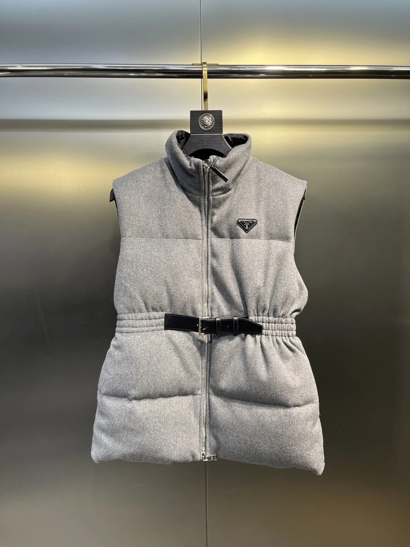 Prada Logo Wool Down Vest Gray Sleeveless