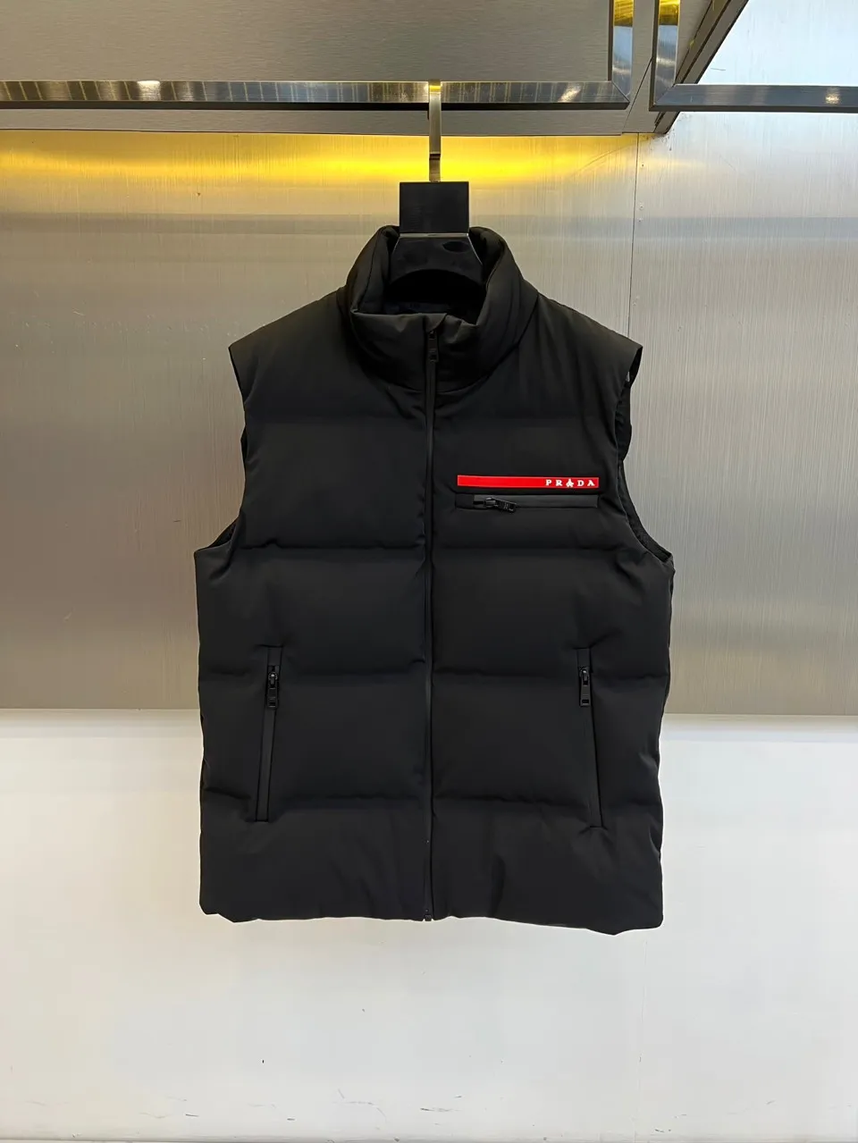 Prada Down Vest Black Red Logo Patch