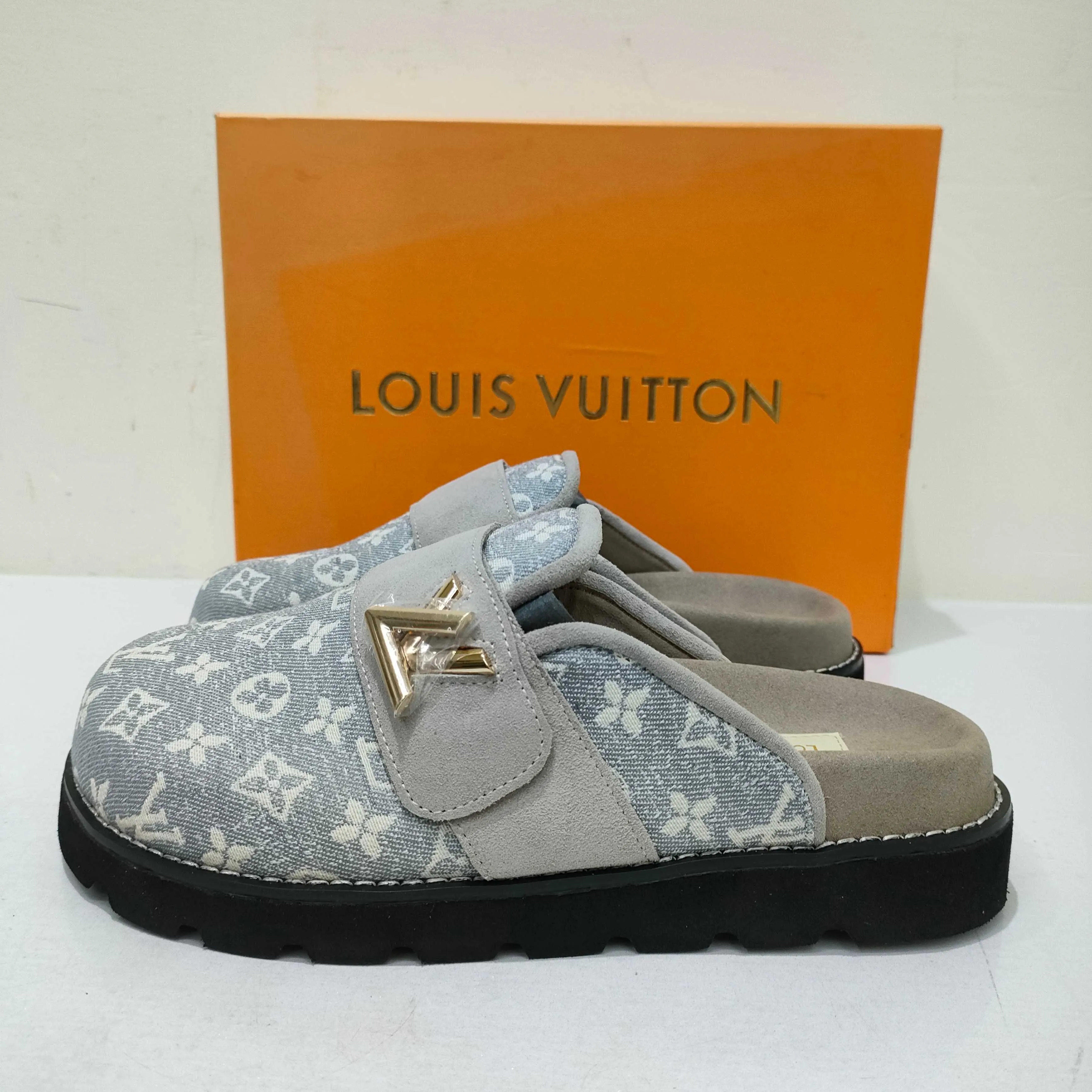 Louis Vuitton Denim Slide Sandal Grey