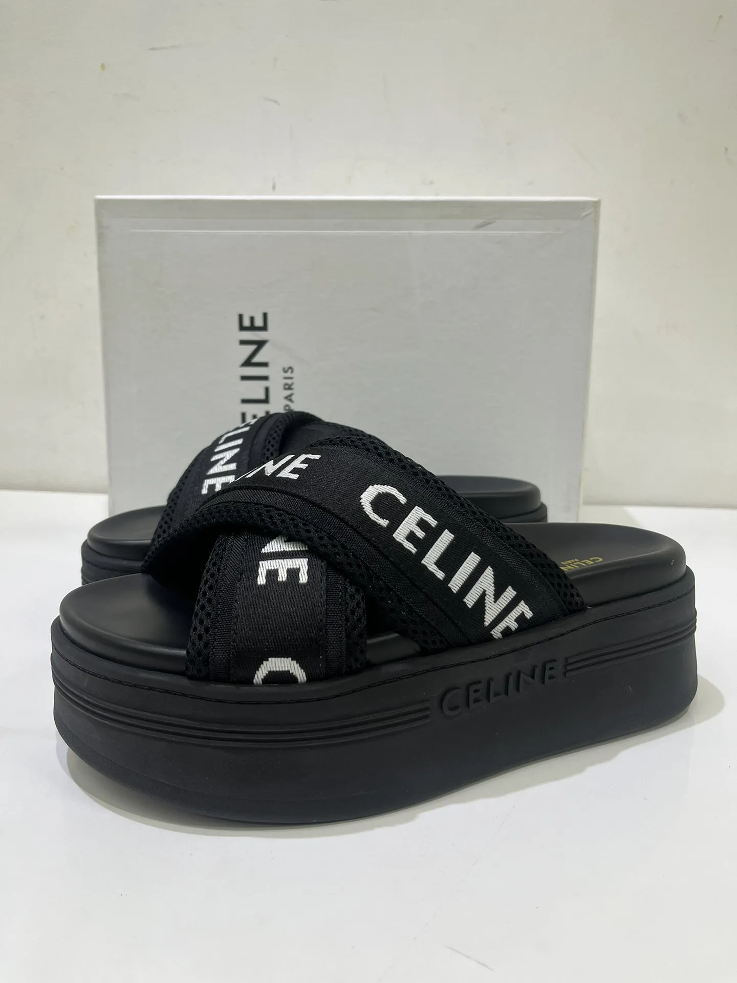 CELINE Flatform Sandals Black Slide Style