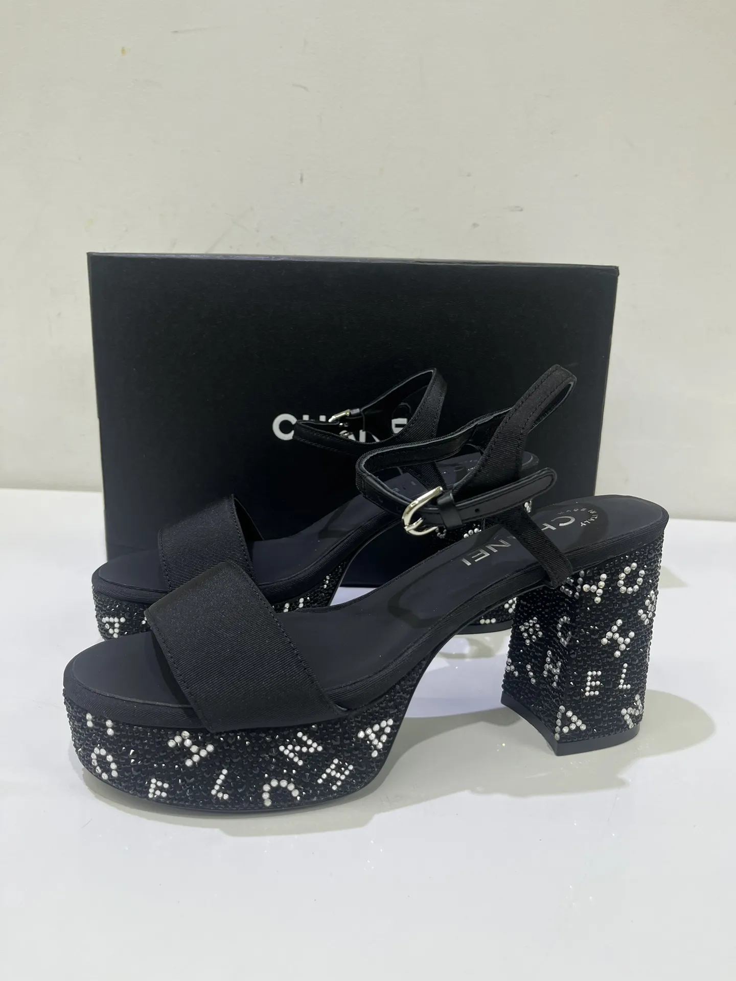 CHANEL 41 Platform Sandals Black Embellished