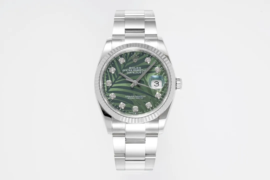 VS Factory Rolex Datejust 36mm Green Palm Motif Dial with Diamond Markers Stainless Steel Watch
