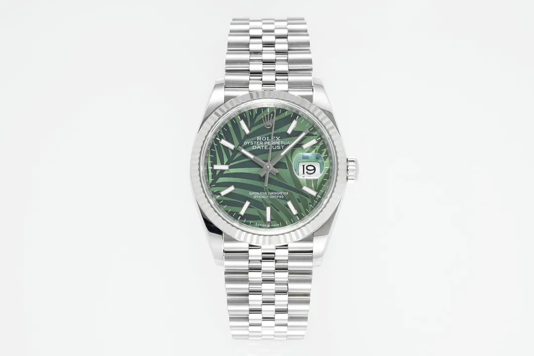 VS Factory Rolex Datejust 36mm Green Palm Motif Dial Stainless Steel Jubilee Bracelet Automatic Watc