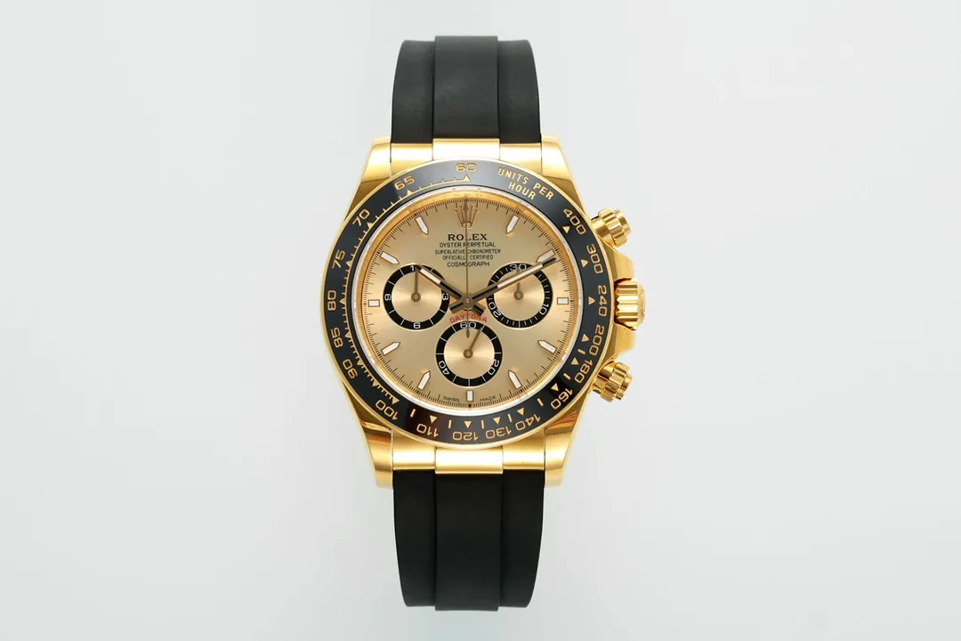 VS Factory Rolex Cosmograph Daytona 18K Yellow Gold Chronograph Watch with Champagne Dial, Strap