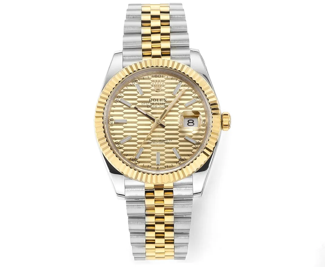 AR Factory Rolex Datejust 41mm Two-Tone Yellow Gold and Stainless Steel Watch with Fluted Bezel, Champagne Textured Dial, and Jubilee Bracelet