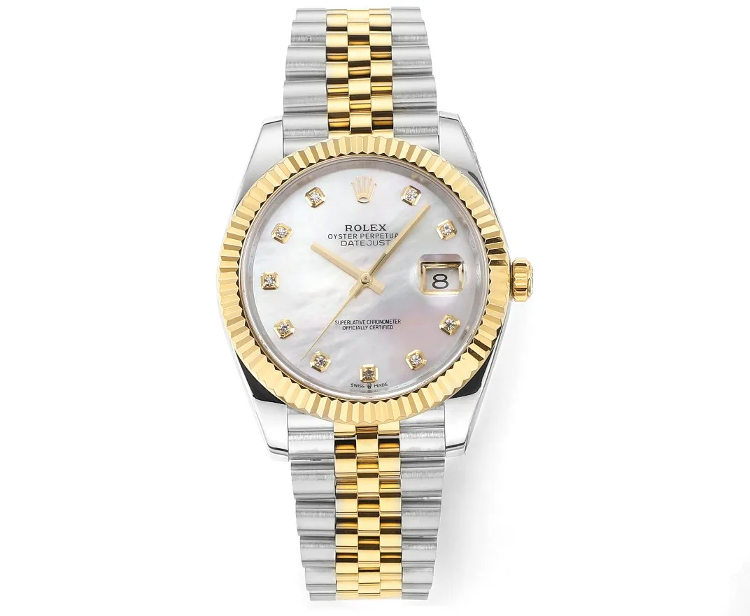 AR Factory Rolex Datejust 41mm Two-Tone Yellow Gold & Stainless Steel White Mother-of-Pearl Diamond Dial Fluted Bezel Jubilee Bracelet Watch