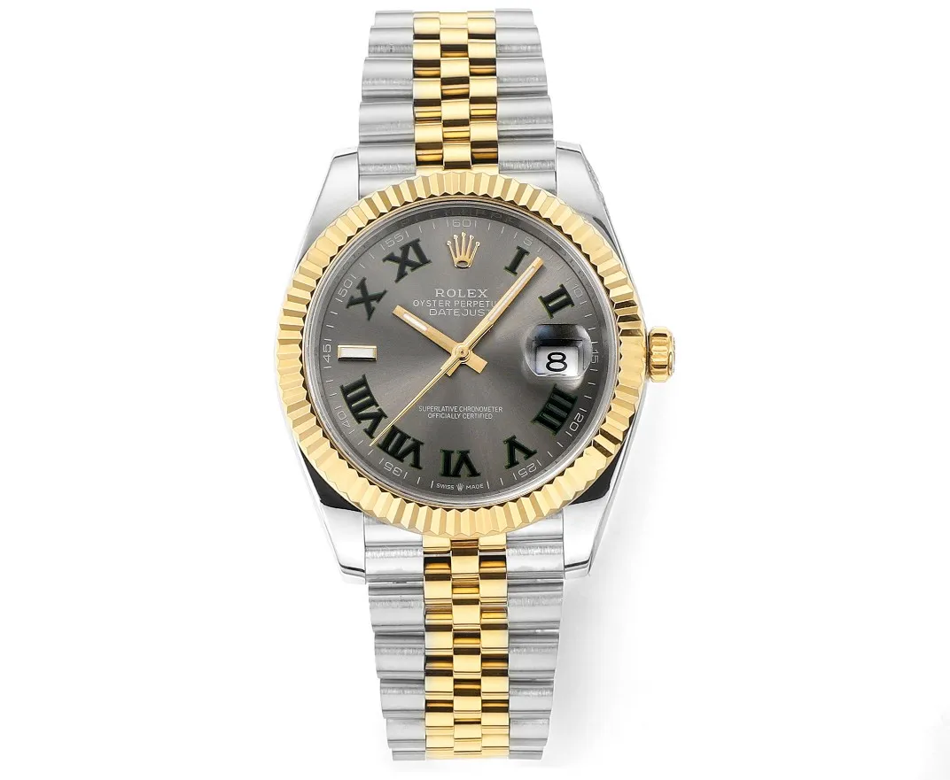 AR Factory Rolex Datejust 41mm Two-Tone Yellow Gold and Steel Watch with Slate Gray Roman Numeral Dial and Fluted Bezel on Jubilee Bracelet