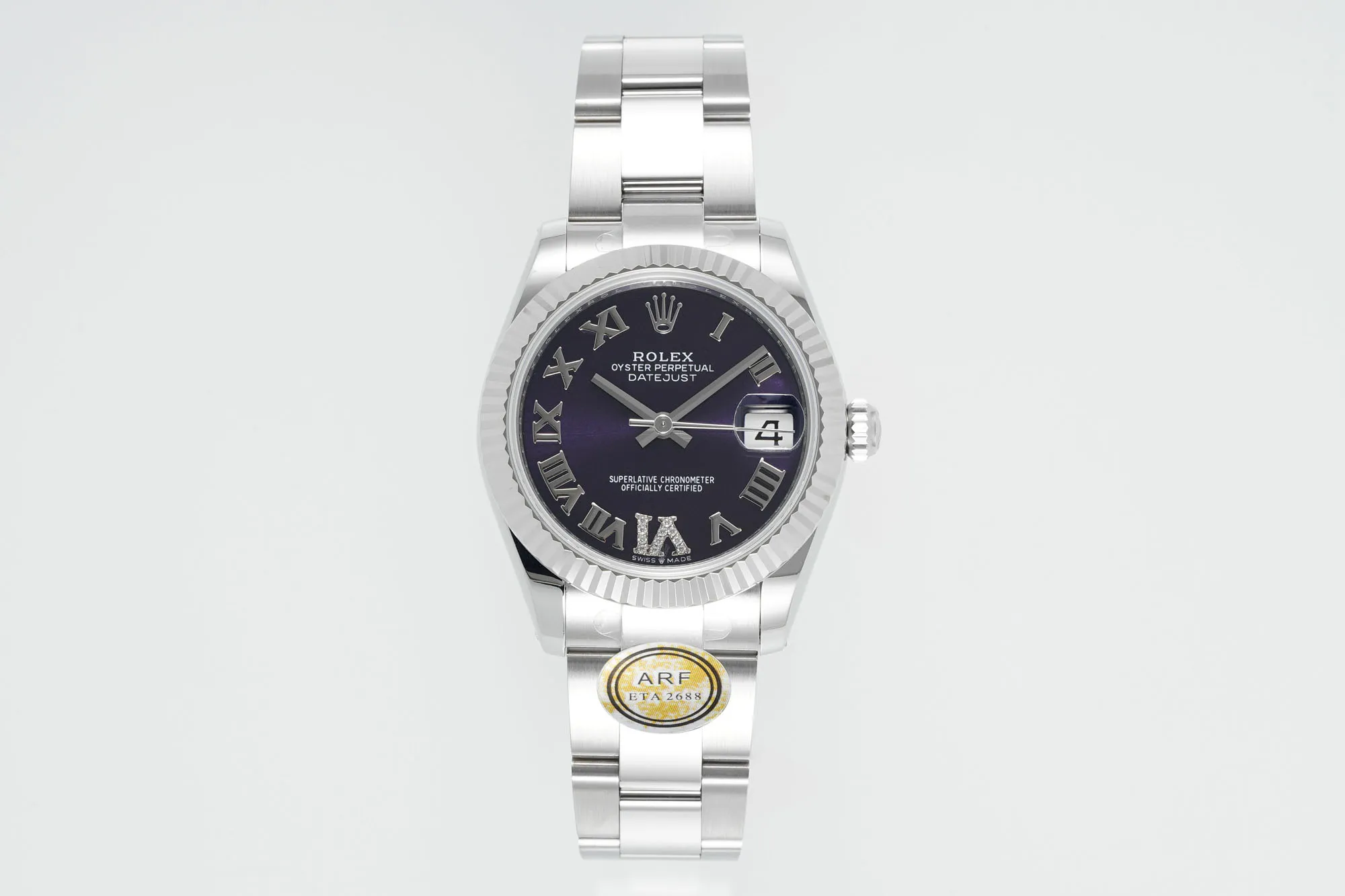 AR Factory Rolex Datejust 31mm Stainless Steel Oyster Perpetual Watch with Purple Roman Numeral Dial and Fluted Bezel