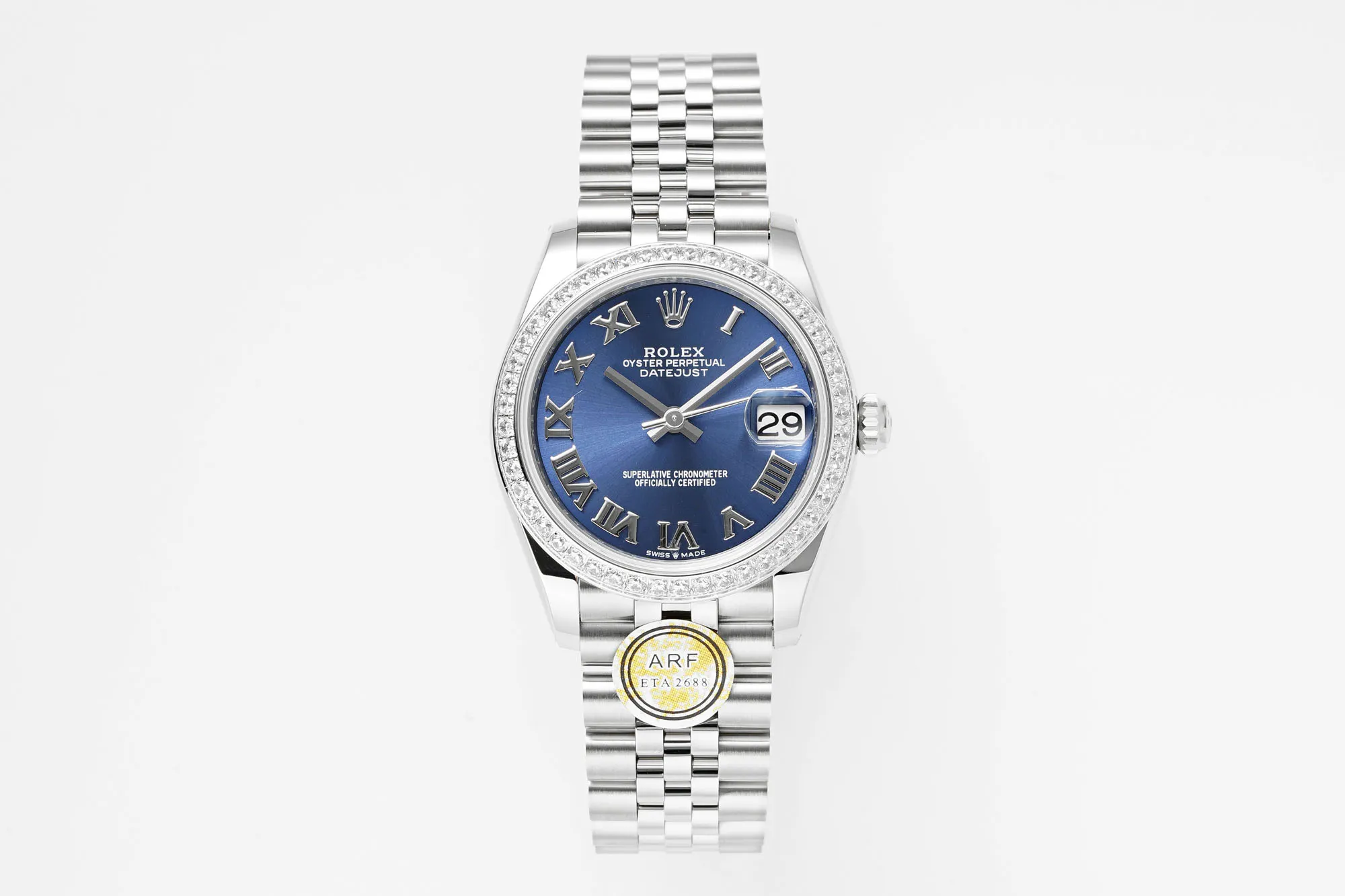 AR Factory Rolex Datejust 31mm Blue Roman Dial Diamond Bezel Stainless Steel Jubilee Bracelet Women's Luxury Watch