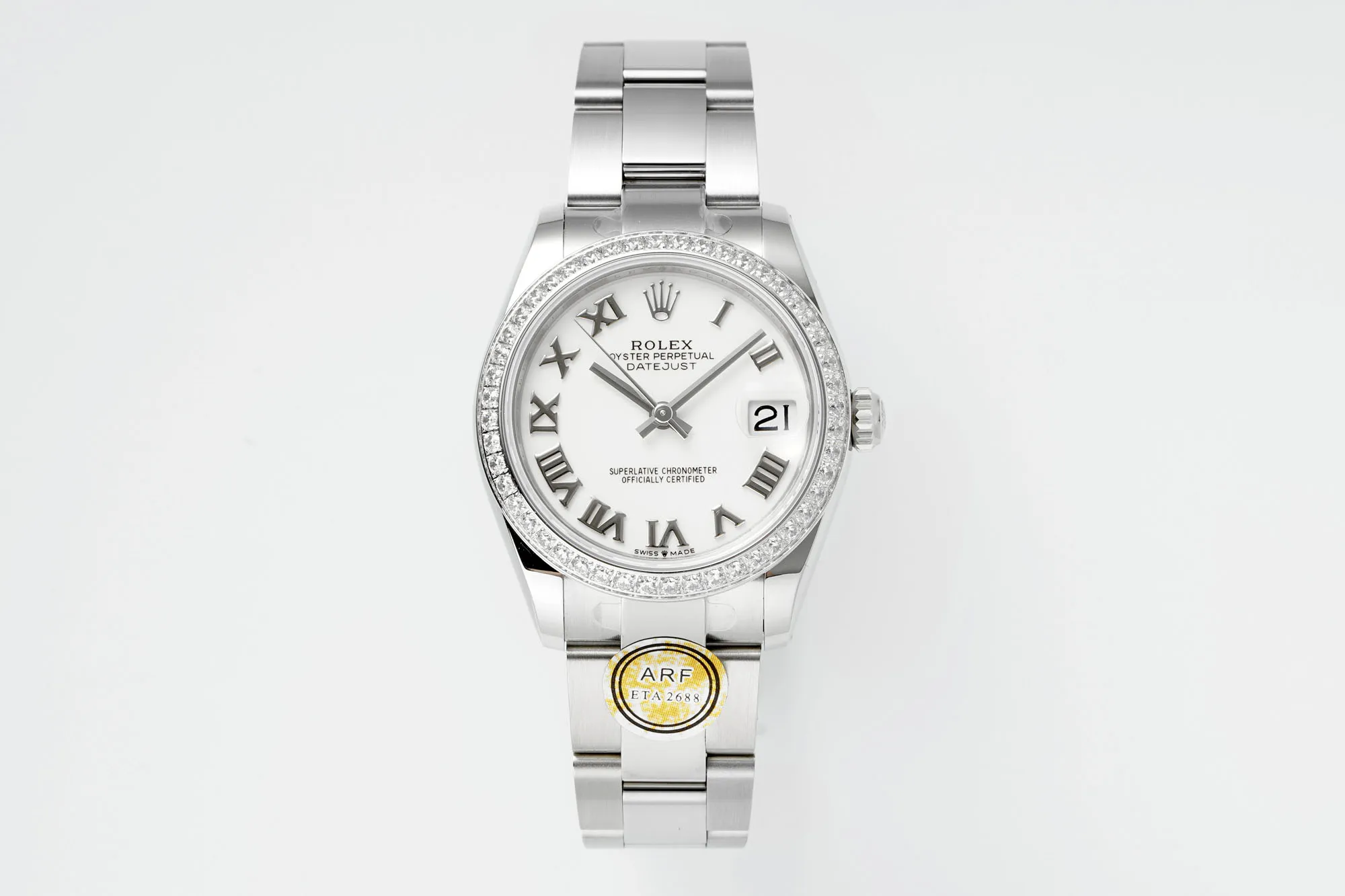 AR Factory Rolex Lady-Datejust 31mm White Roman Dial Diamond Bezel Stainless Steel Oyster Bracelet Women's Watch