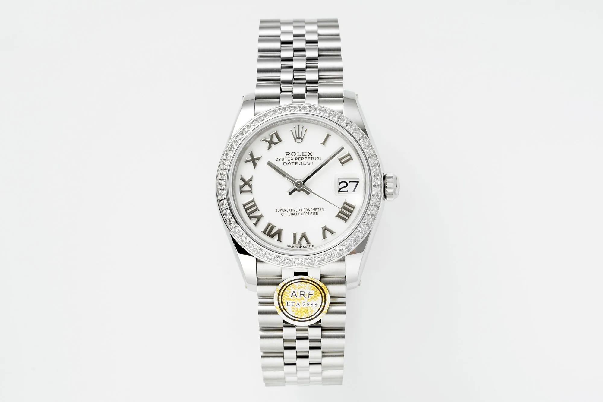 AR Factory Rolex Datejust 31mm White Roman Numeral Dial Diamond Bezel Stainless Steel Jubilee Bracelet Ladies Watch