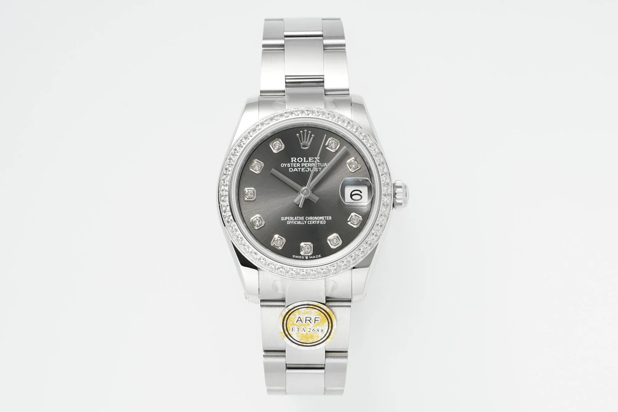 AR Factory Rolex Datejust 31mm Oyster Perpetual Stainless Steel Watch with Diamond Bezel and Grey Dial