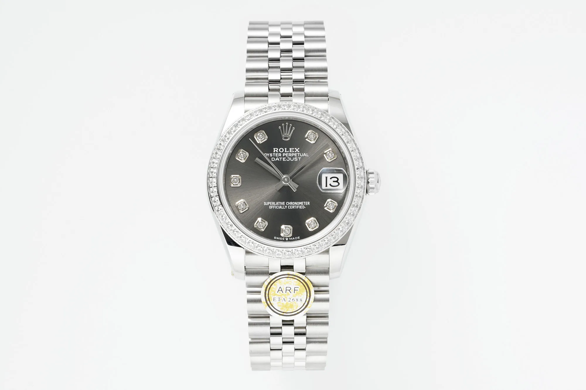 AR Factory Rolex Datejust Stainless Steel Watch with Diamond Bezel, Rhodium Dial, and Jubilee Bracelet