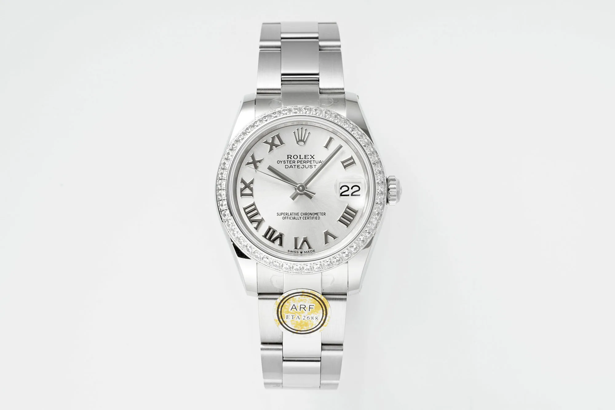 AR Factory Rolex Datejust 31mm White Roman Dial Diamond Bezel Stainless Steel Oyster Bracelet Ladies Watch