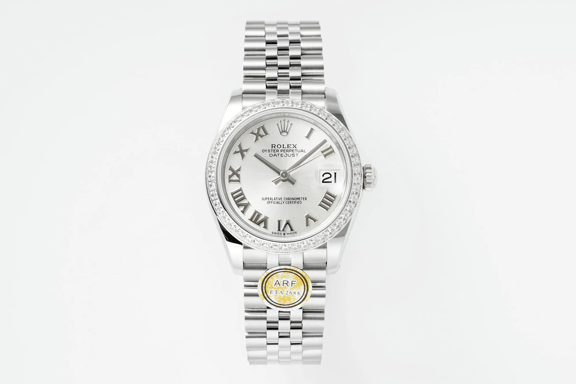 AR Factory Rolex Datejust 31mm White Roman Dial Diamond Bezel Jubilee Bracelet Stainless Steel Women's Watch