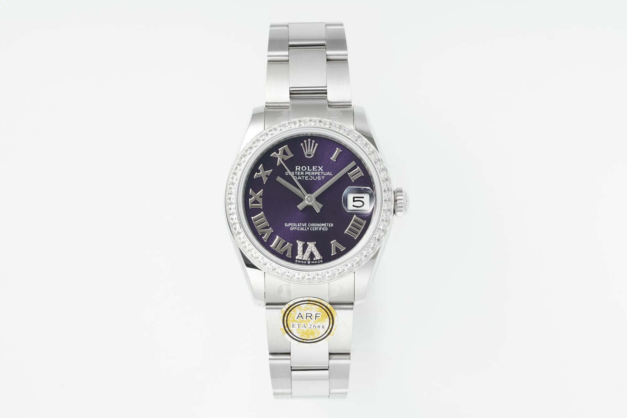 AR Factory Rolex Datejust 31mm Purple Roman Dial Diamond-Set Bezel Stainless Steel Oyster Bracelet Ladies Watch