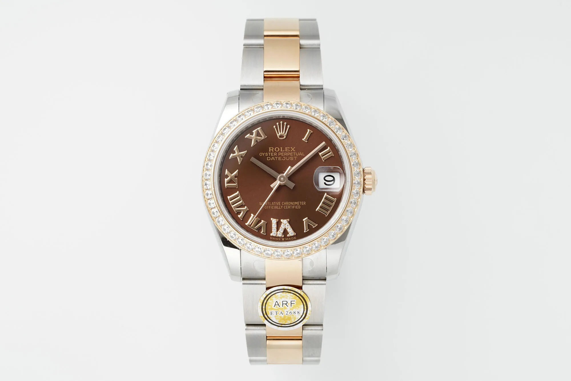AR Factory Rolex Datejust 31mm Two-Tone Steel and Yellow Gold Oyster Bracelet Chocolate Brown Roman Dial Diamond Bezel Women's Watch