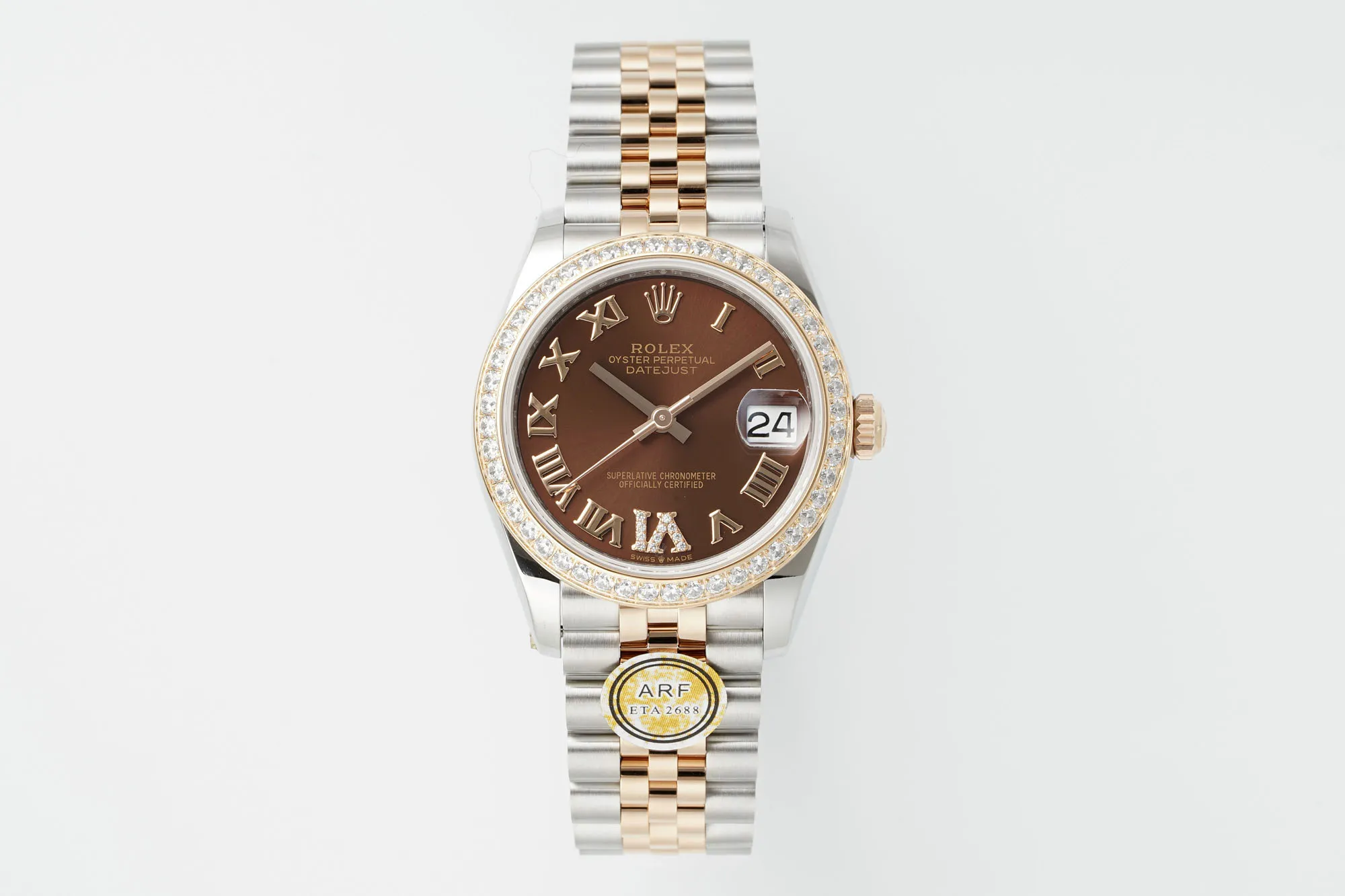 AR Factory Rolex Lady-Datejust 31mm Chocolate Brown Dial with Roman Numerals, Diamond-Set Bezel, Two-Tone Oystersteel and Everose Gold Jubilee Bracelet Watch