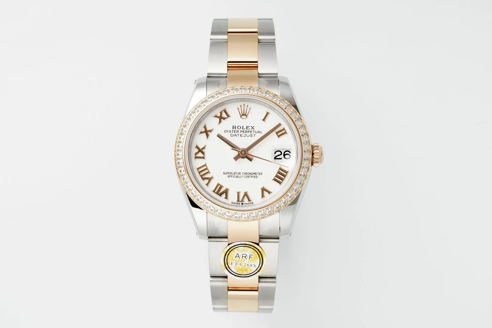 AR Factory Rolex Datejust 31mm White Dial Roman Numerals Diamond Bezel Two-Tone Steel and Rose Gold Oyster Bracelet Women's Watch