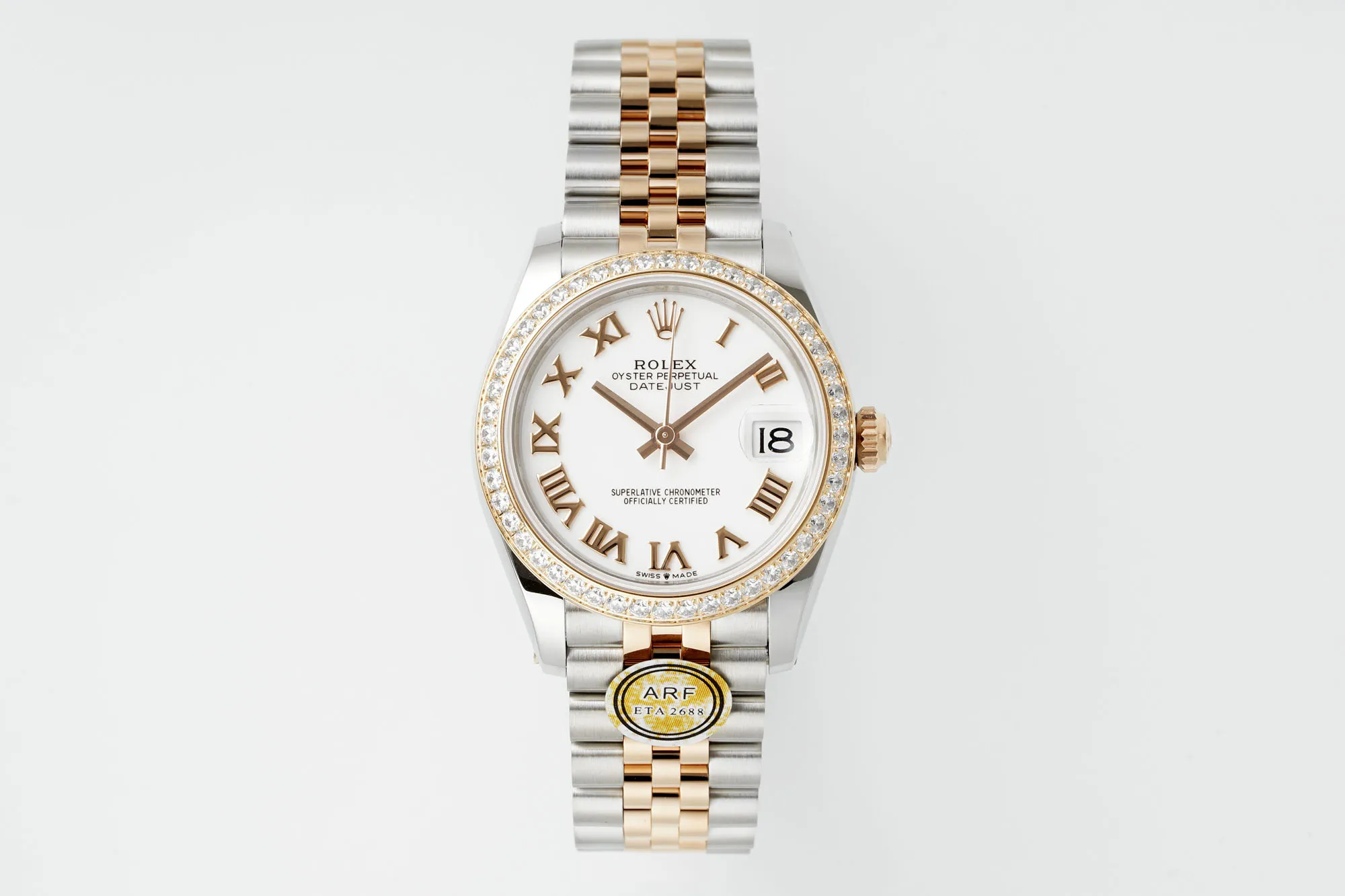 AR Factory Rolex Datejust 31mm White Roman Dial Diamond Bezel Two-Tone Steel and Rose Gold Jubilee Bracelet Ladies Watch