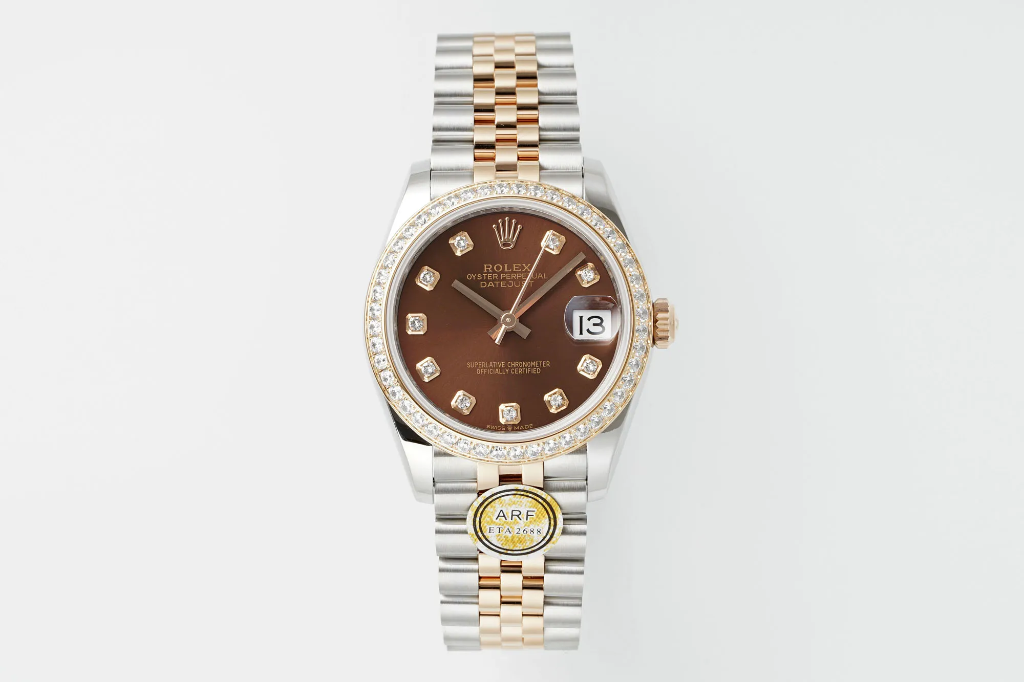 AR Factory Rolex Datejust 31mm Chocolate Brown Dial Diamond Bezel Everose Gold and Steel Jubilee Bracelet Women's Watch