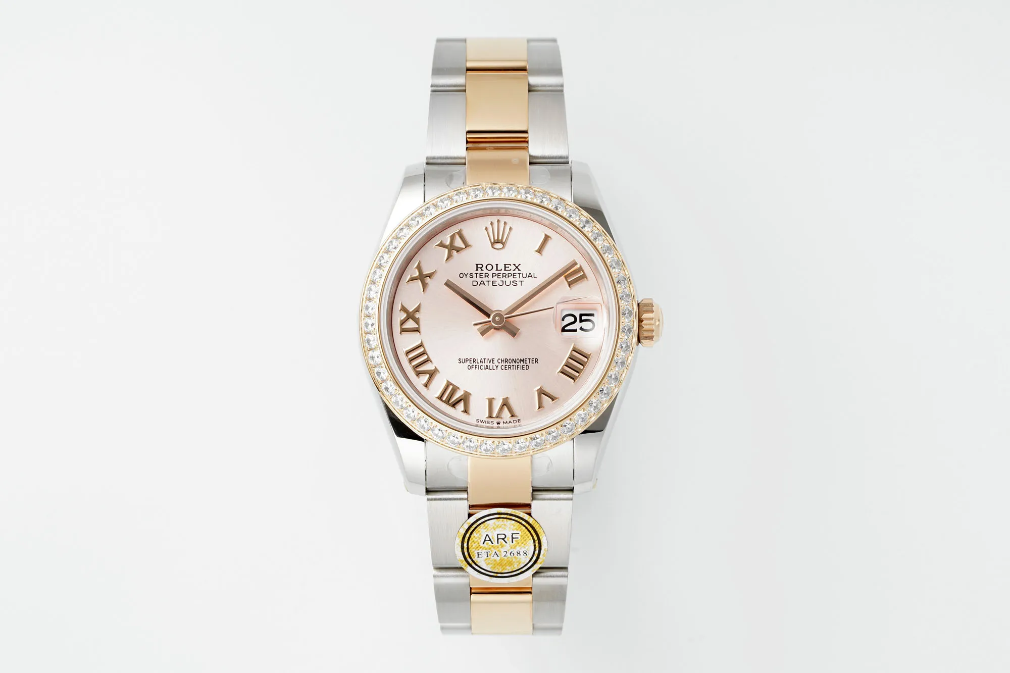 AR Factory Rolex Datejust 31mm Two-Tone Rose Gold and Stainless Steel Diamond Bezel Pink Dial Roman Numerals Women's Watch